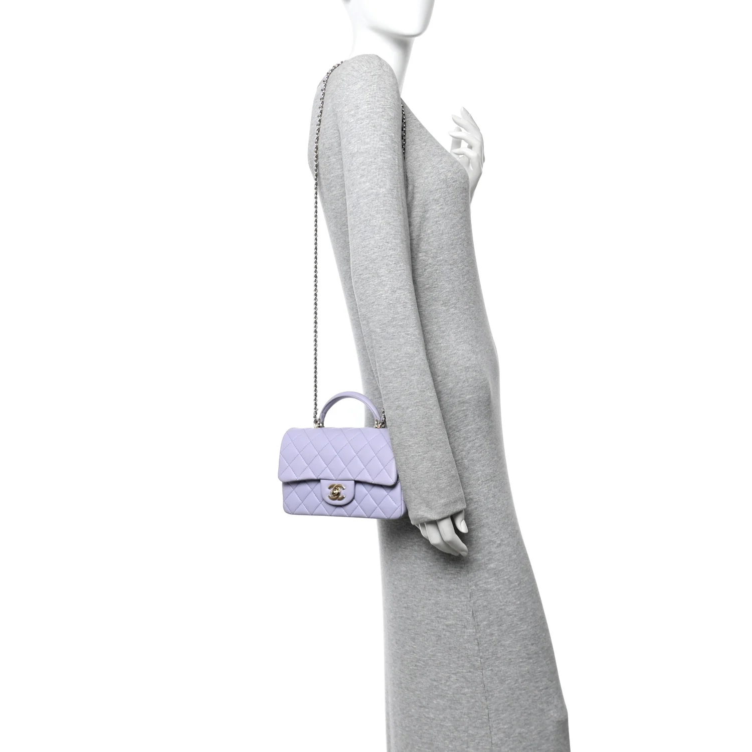 Lambskin Quilted Mini Top Handle Rectangular Flap Light Purple