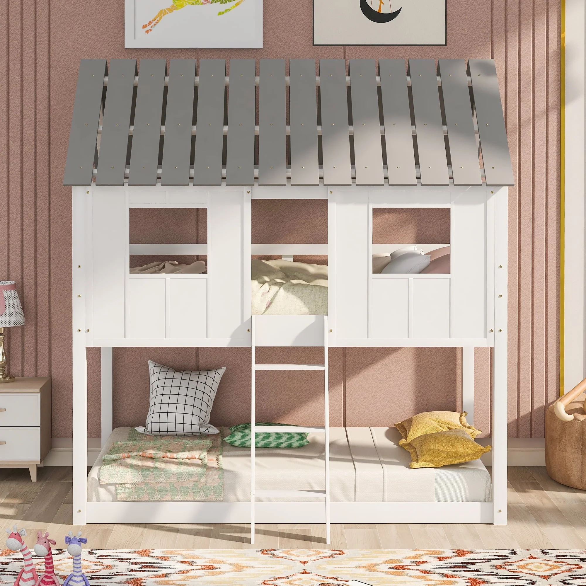 Twin over Twin Low Bunk Bed with Roof and Guardrail for Kids Room, White - Image 2