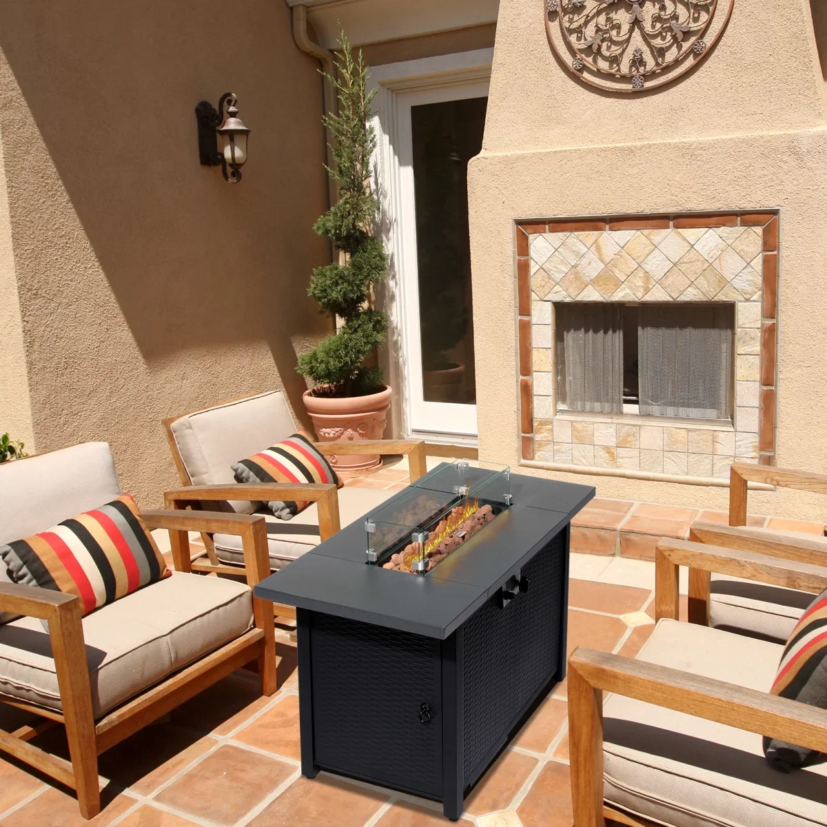 43 in Propane Fire Pit Table, 50,000 BTU Auto-Ignition Fire Pit Table, Gas Fire Pits for Outside with Glass Stone and Waterproof Cover, Grey Rattan, CSA Certification for Garden/Patio/Backyard