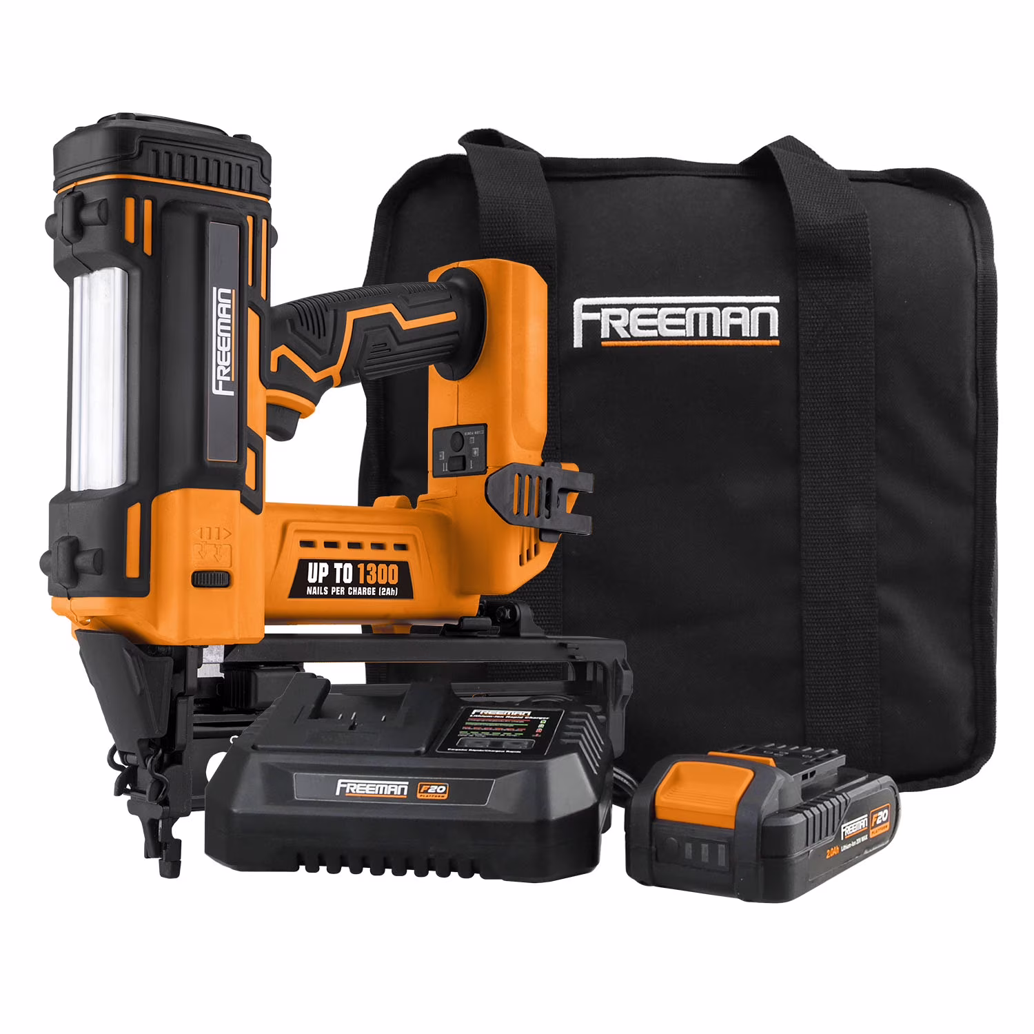 Freeman PE20VFN64 20 Volt Cordless 16-Gauge 2-1/2 Straight Finish Nailer Kit with Lithium Ion Battery, Charger, Bag, and Nails (200 Count) �C 1300 Shots per Charge