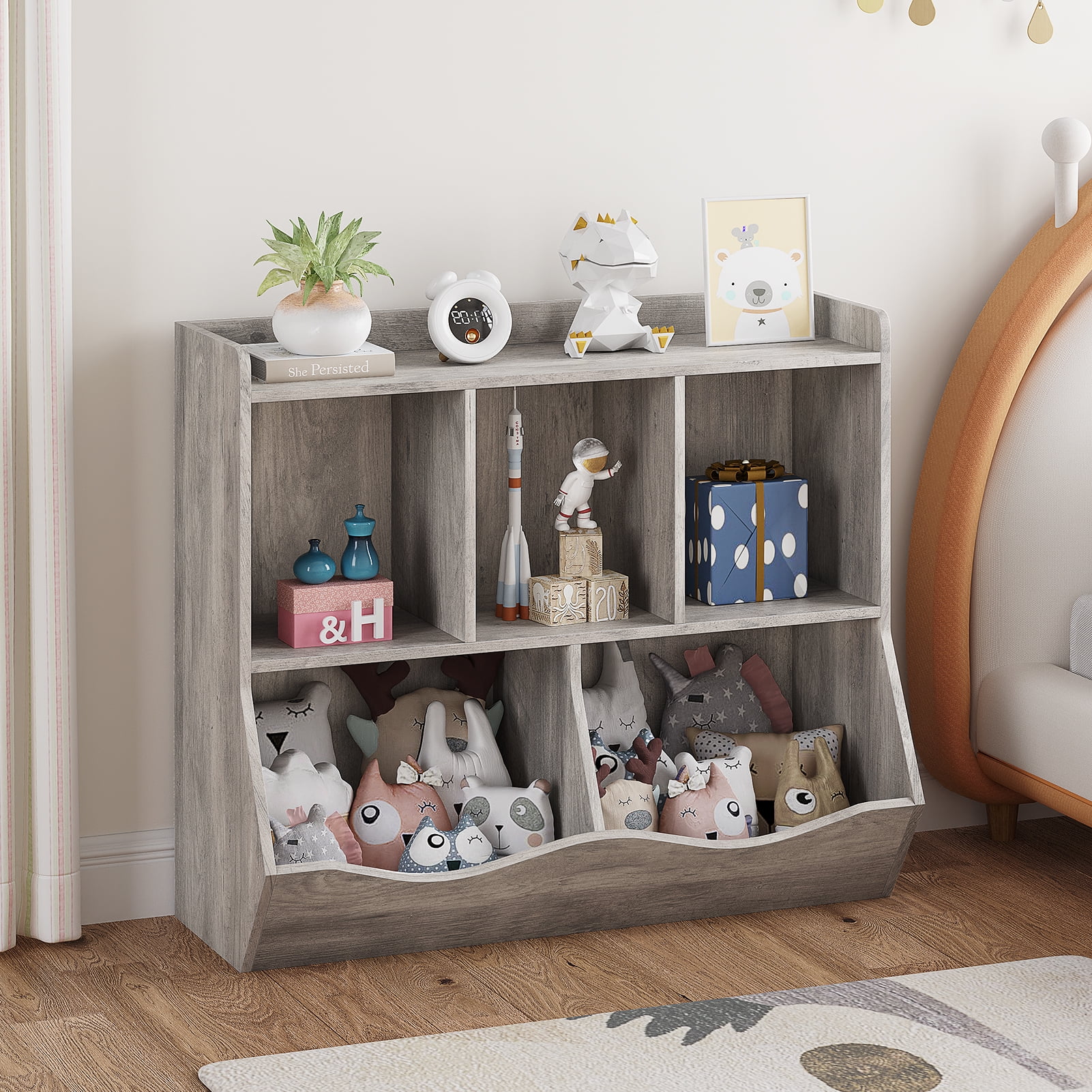 Kids Bookshelf and Bookcase Toy Storage Multi Shelf with Cubby Organizer Cabinet for Boys Girls,for Children Playroom Hallway Kindergarten School (White)(grey) - Image 7