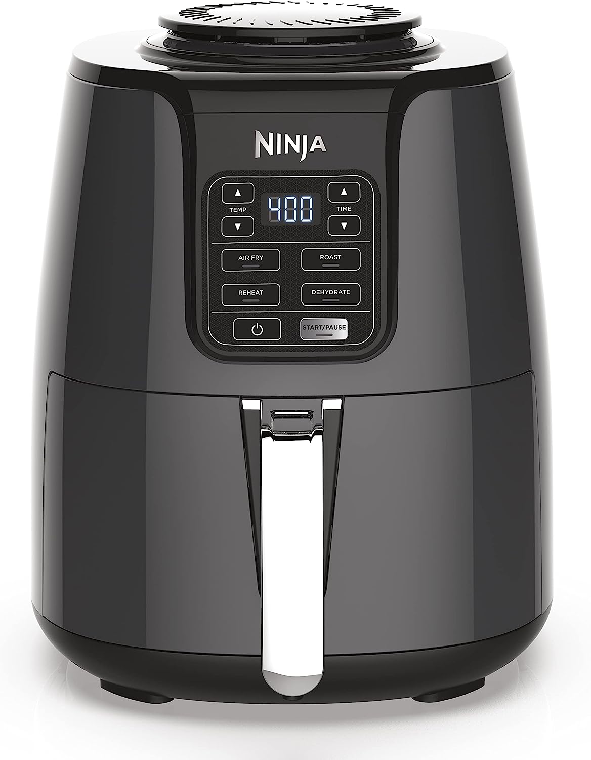 Friteuse à air Ninja AF101 : croustillante, rôtie, réchauffe et déshydrate, pour des repas rapides et faciles. Capacité : 4 litres. Finition brillante, grise.