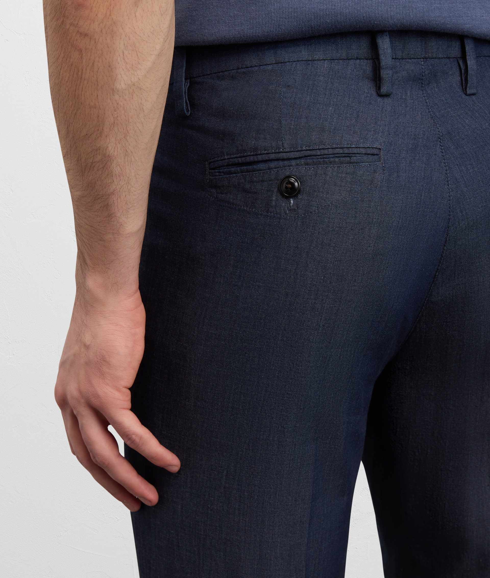 NAVY BLUE ULTRA LIGHTWEIGHT DENIM PLEATED CHINOS