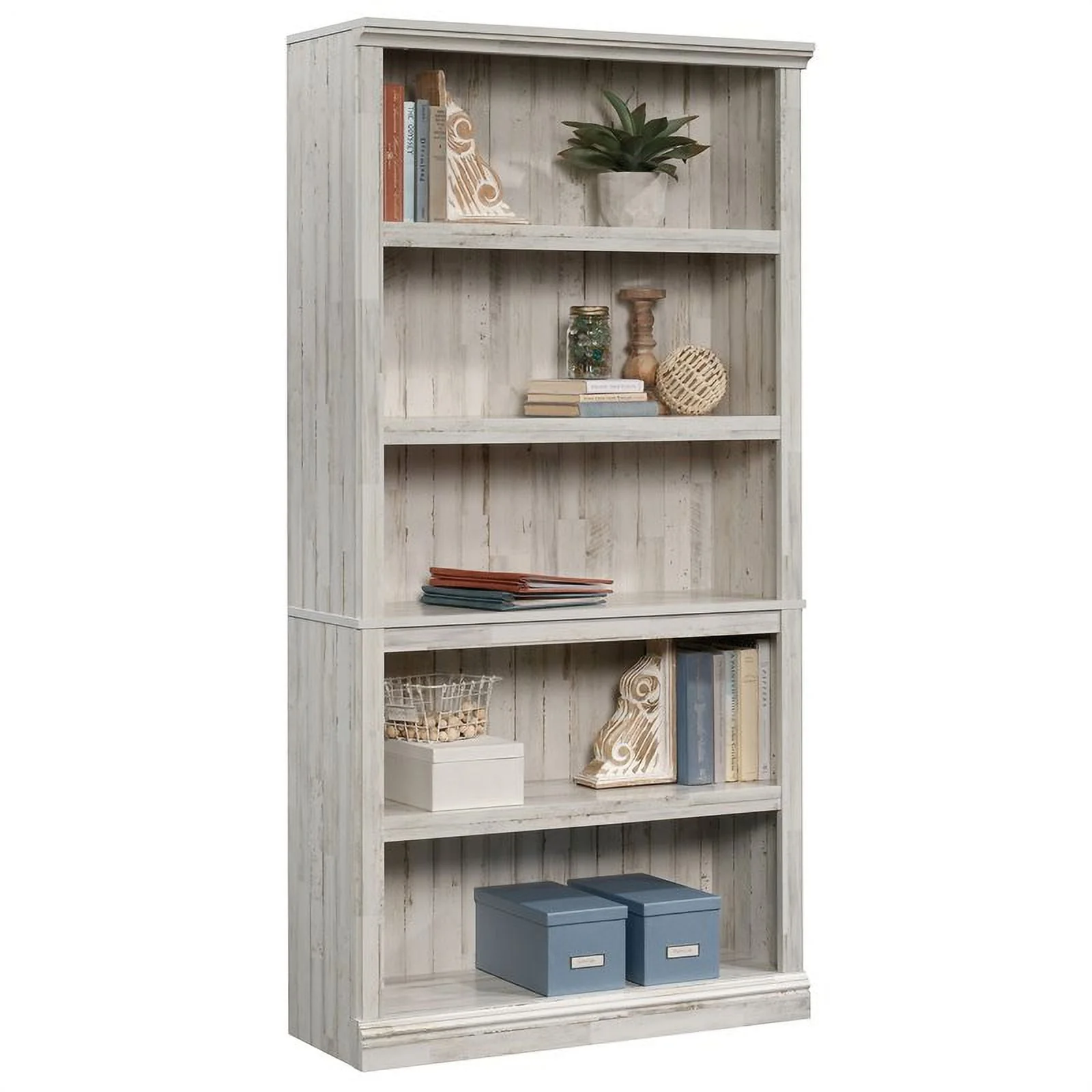 Contemporary 5-Shelf Tall Wood Bookcase in White Plank - Image 3