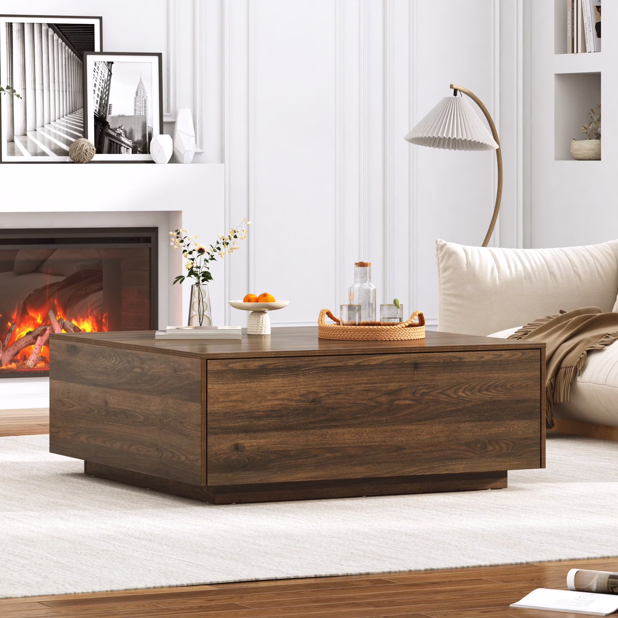 Square Coffee Table with 2 Large Drawers, 43" Mid Century Modern Coffee Table with Storage, Wood Cocktail Table Center Table with Storage for Living Room, Wood Grain(43"/Light Brown) - Image 5