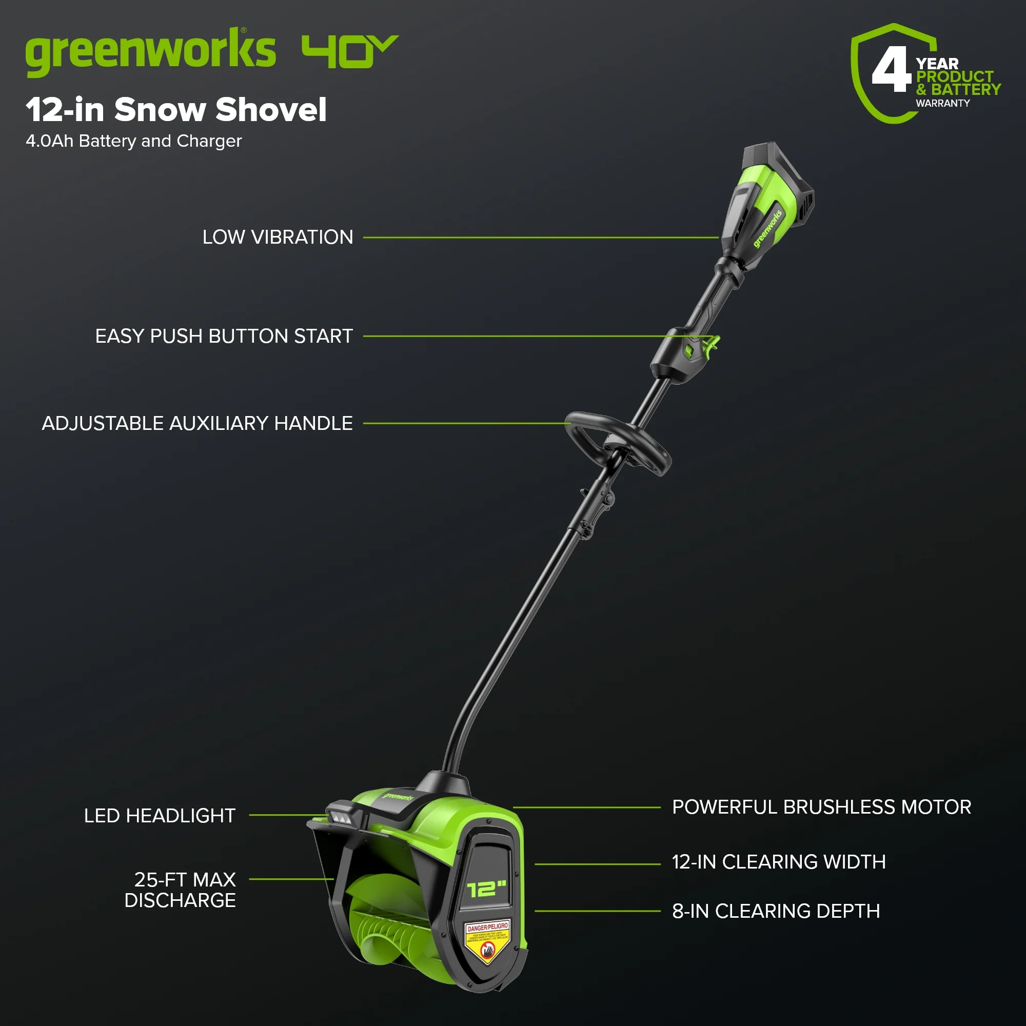 40V 12" Brushless Cordless Snow Shovel with LED Light, 4.0Ah Battery and Charger Included - Image 2