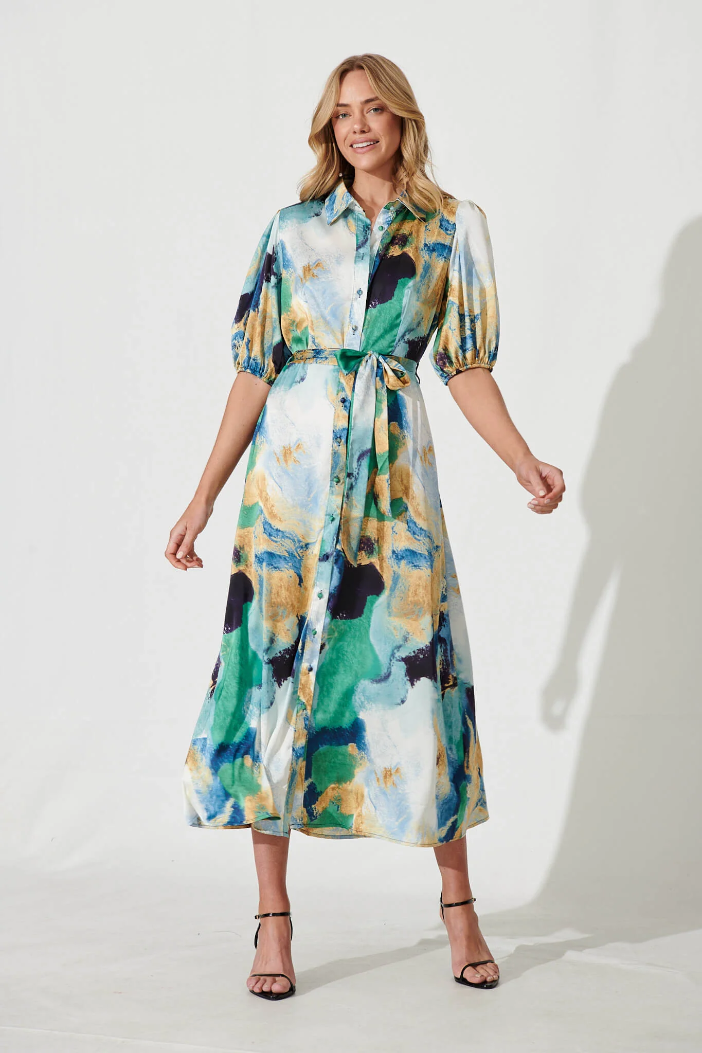 Gabriela Maxi Shirt Dress In Blue Green Watercolour