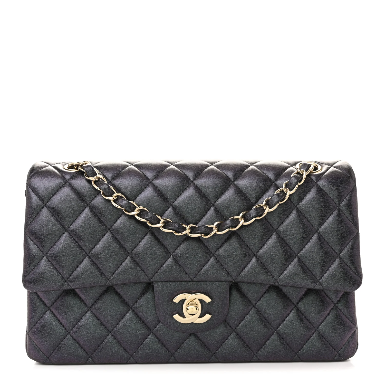 Iridescent Lambskin Quilted Medium Double Flap Black
