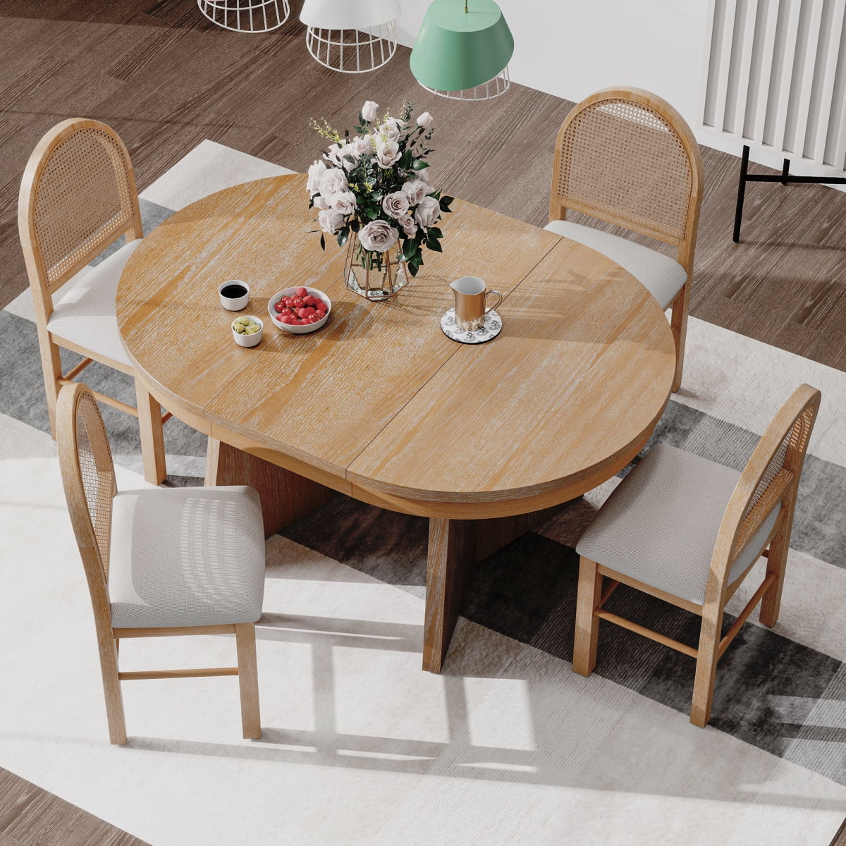5-Piece Extendable Dining Table Set for 4 People, Solid Wood Kitchen Table Set with 4 Upholstered Chairs and Rattan Backrests for Dining Room and Kitchen, Natural(Natural) - Image 2