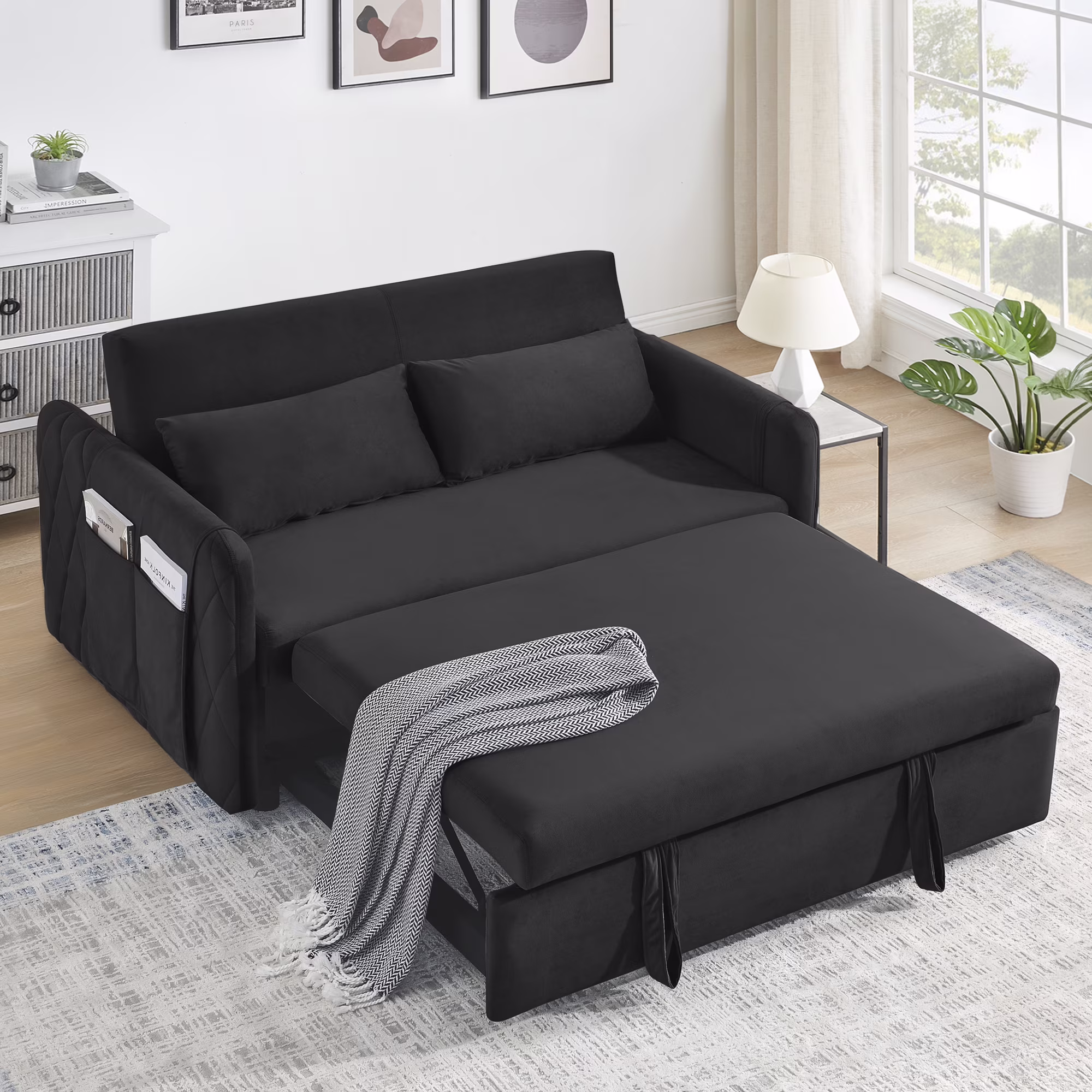 Convertible Sofa Bed,3 in 1 Sleeper Sofa with 2 Pillows and Adjustable Backrest for Living Room Office,Black(Black)