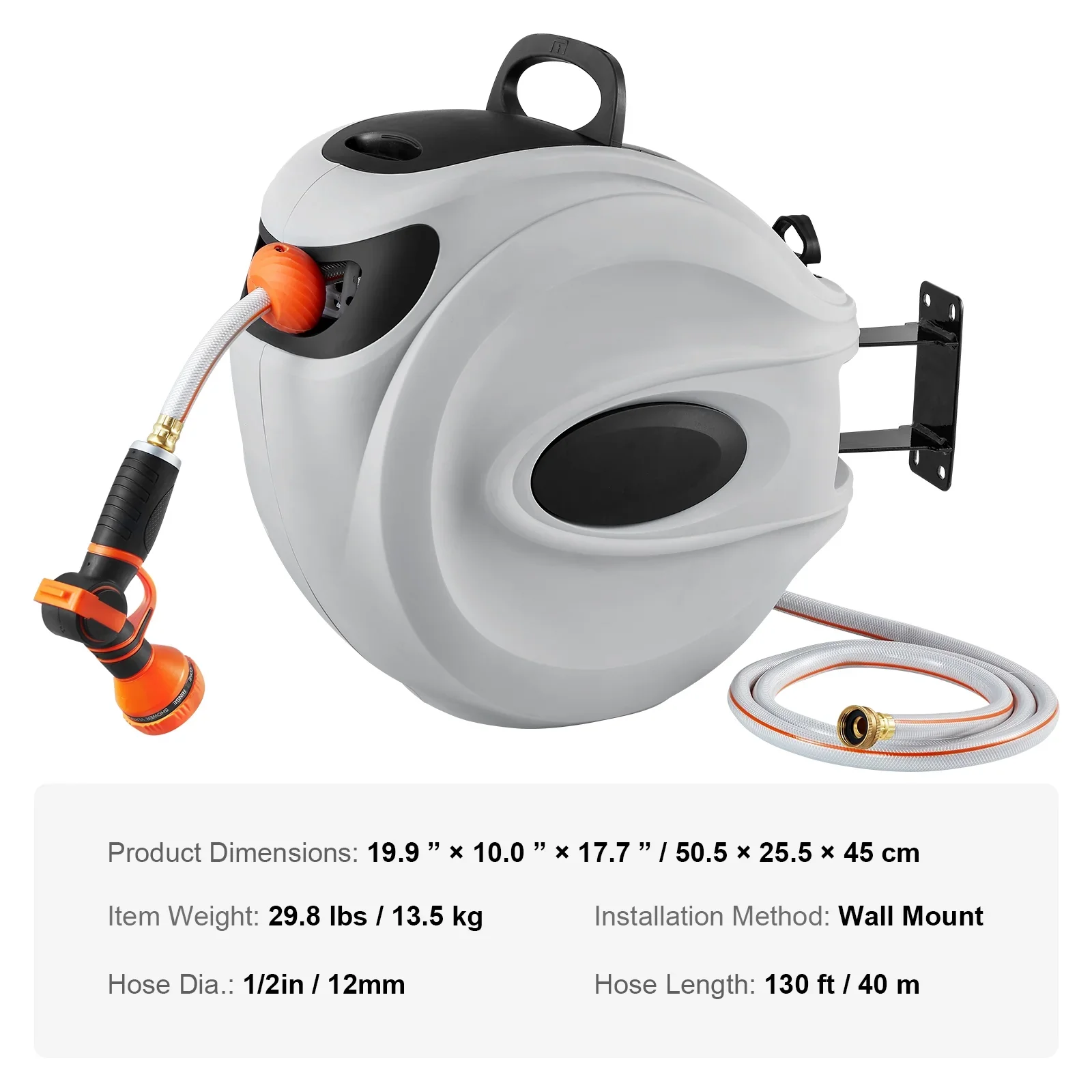 BENTISM Retractable Hose Reel, 115 ft x 1/2 inch, 180�� Swivel Bracket Wall-Mounted, Garden Water Hose Reel with 9-Pattern Nozzle, Automatic Rewind, Lock at Any Length, and Slow Return System