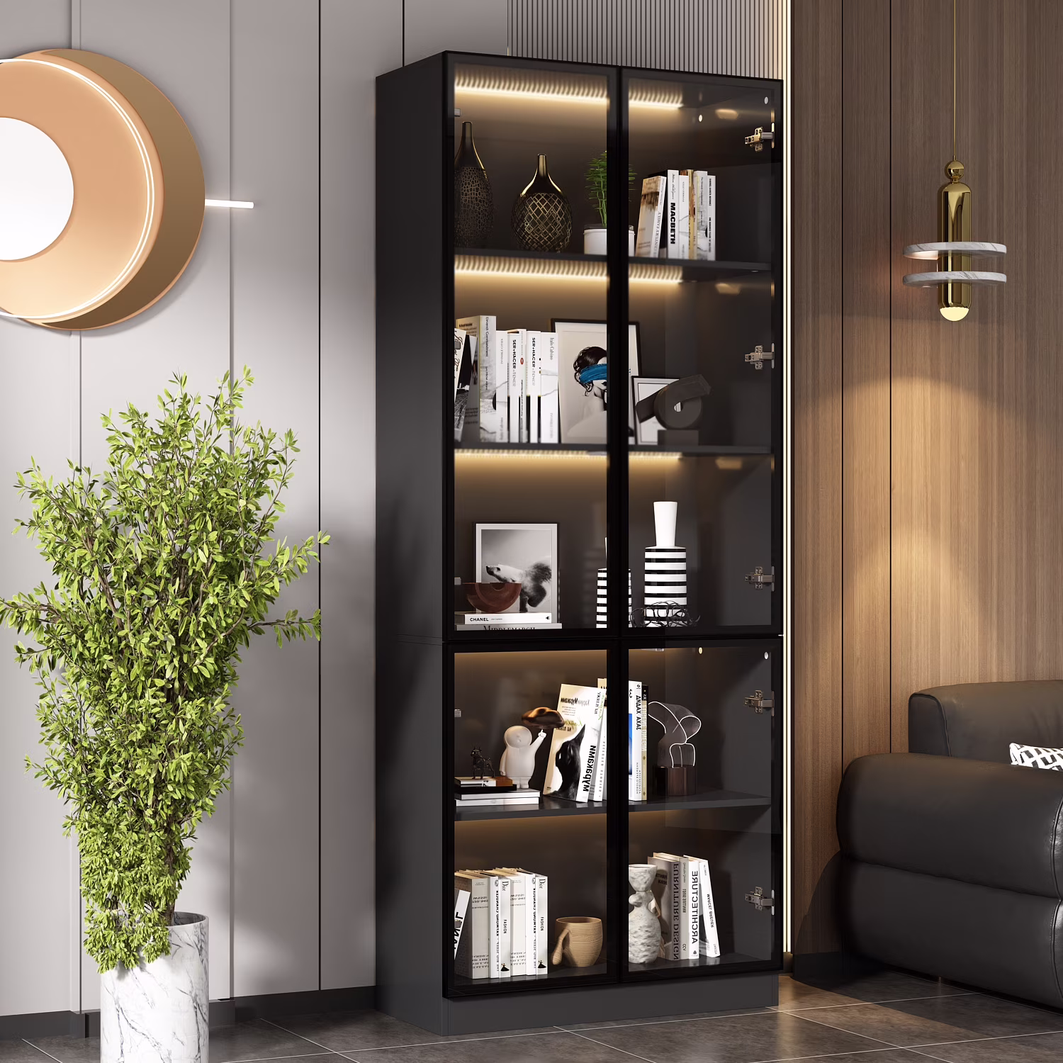 Bookcases Organizer with LED Lights, Heavy Duty Display Cabinet with Glass Door for Living Room, 31.5" Wide(31.5 in, 5-Tier)
