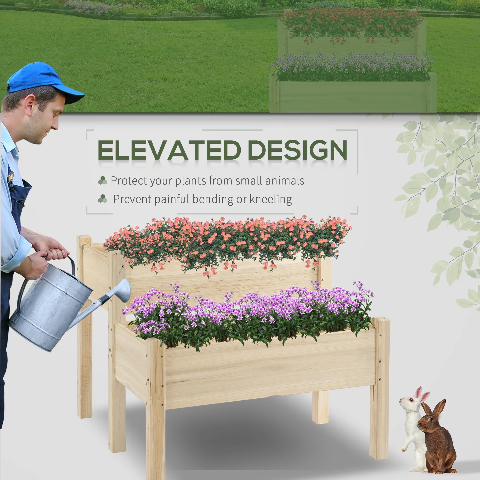 QISHENSHUI 2-Tier Raised Garden Bed 34x34x28 �C Elevated Wood Planter Stand with Deep Grow Box for Healthy Root Development & Back-Friendly Gardening, Gray