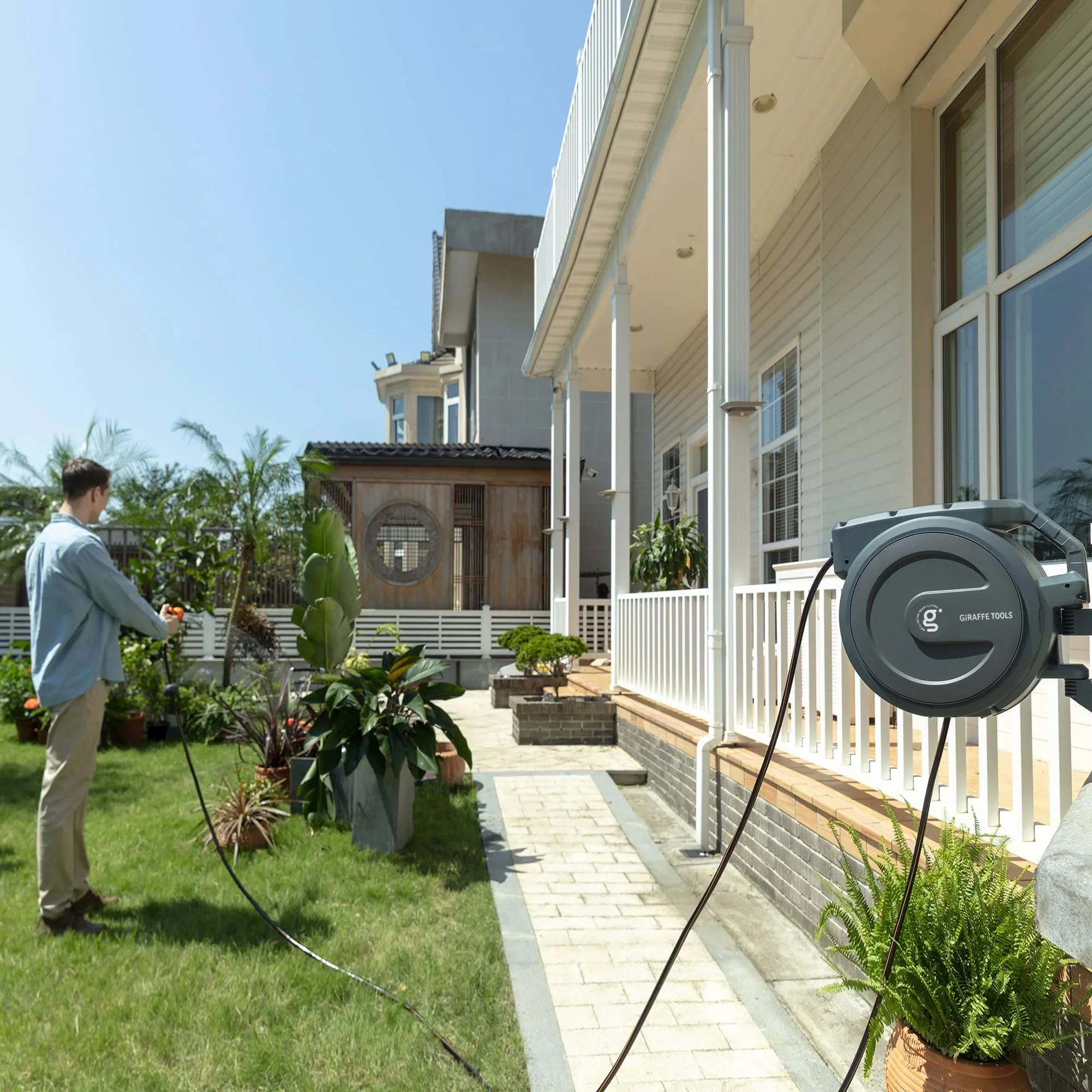 Giraffe Tools Retractable Garden Hose Reel with 1/2in-78ft Hose, Metal Bracket, Wall Mounted, Dark Grey