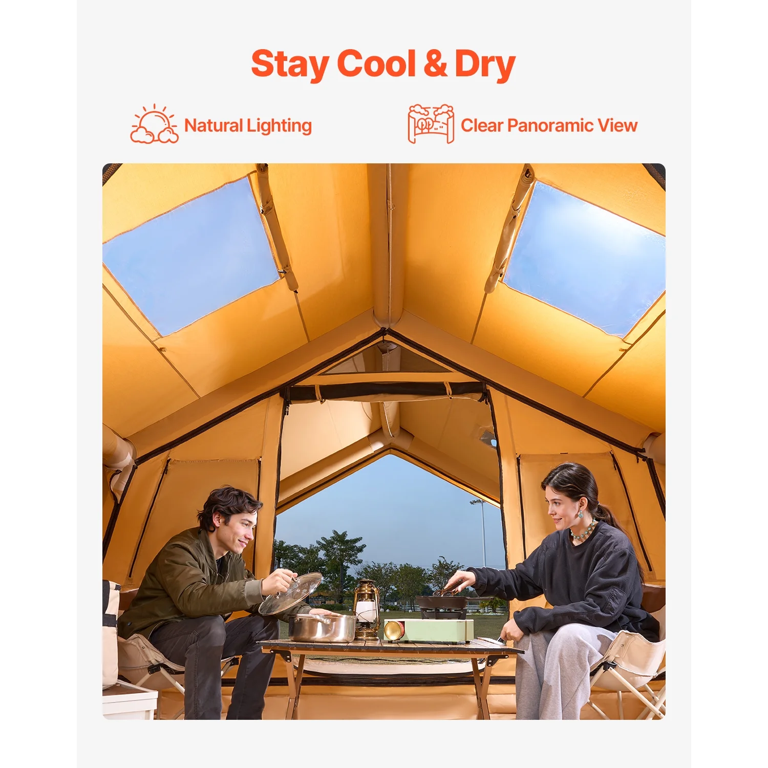 KFFKFF Inflatable Camping Tent for 8 - 12 Person, 15.75 x 11.81 x 7.22 Ft Glamping Blow up Tent with Hand Pump, Waterproof Air Tent, All - Weather Camping Shelter with Dual Sunroofs, Stove Jack