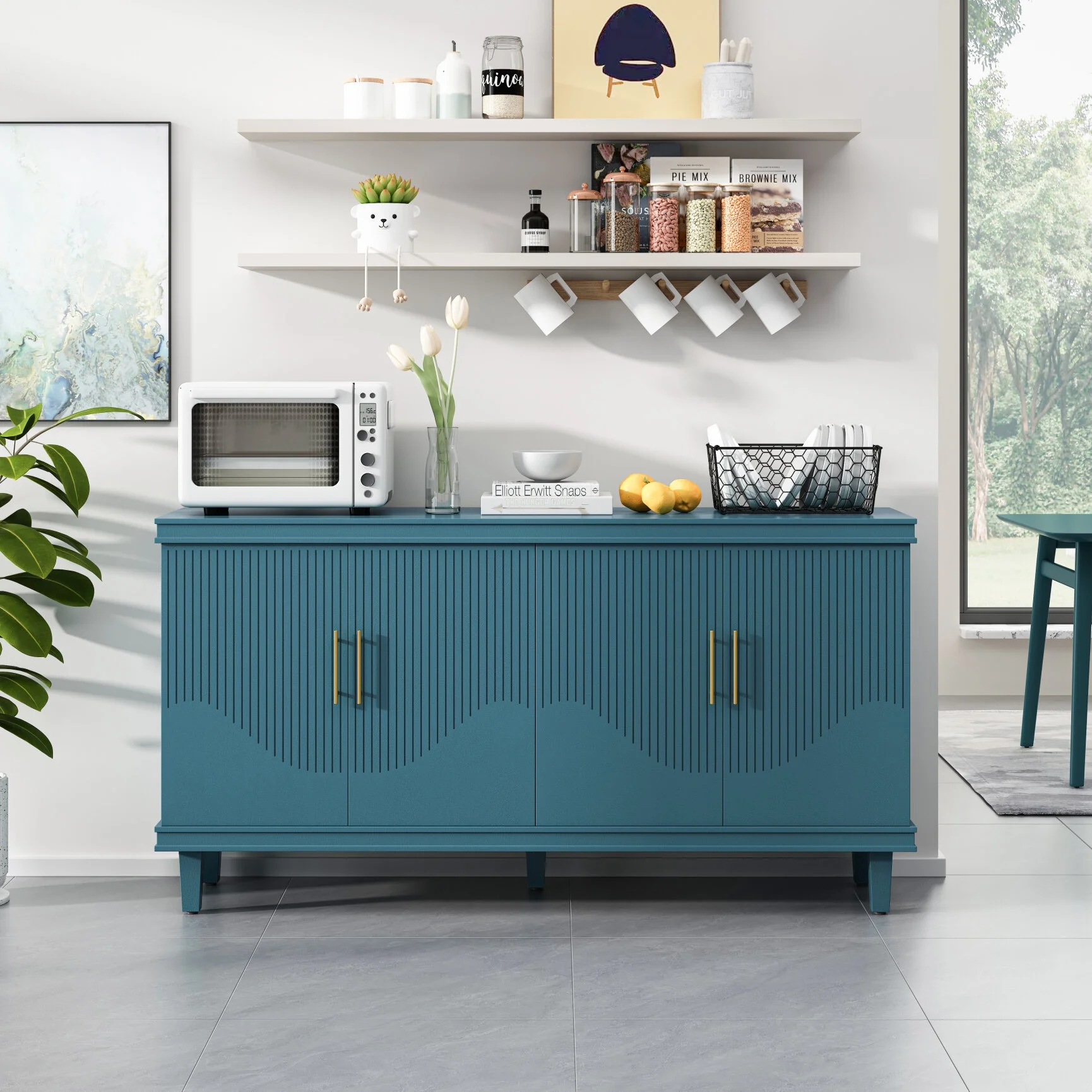 Large 4 - Door Storage Cabinet with Adjustable Shelves, Modern Multi - Room Organizer for Living Room, Kitchen, Bedroom, Hallway - Blue