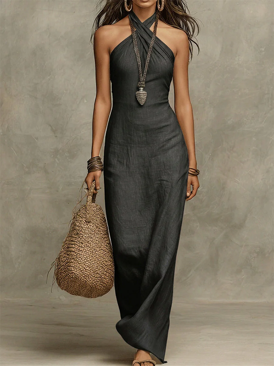 Robe longue dos-nu en coton et lin