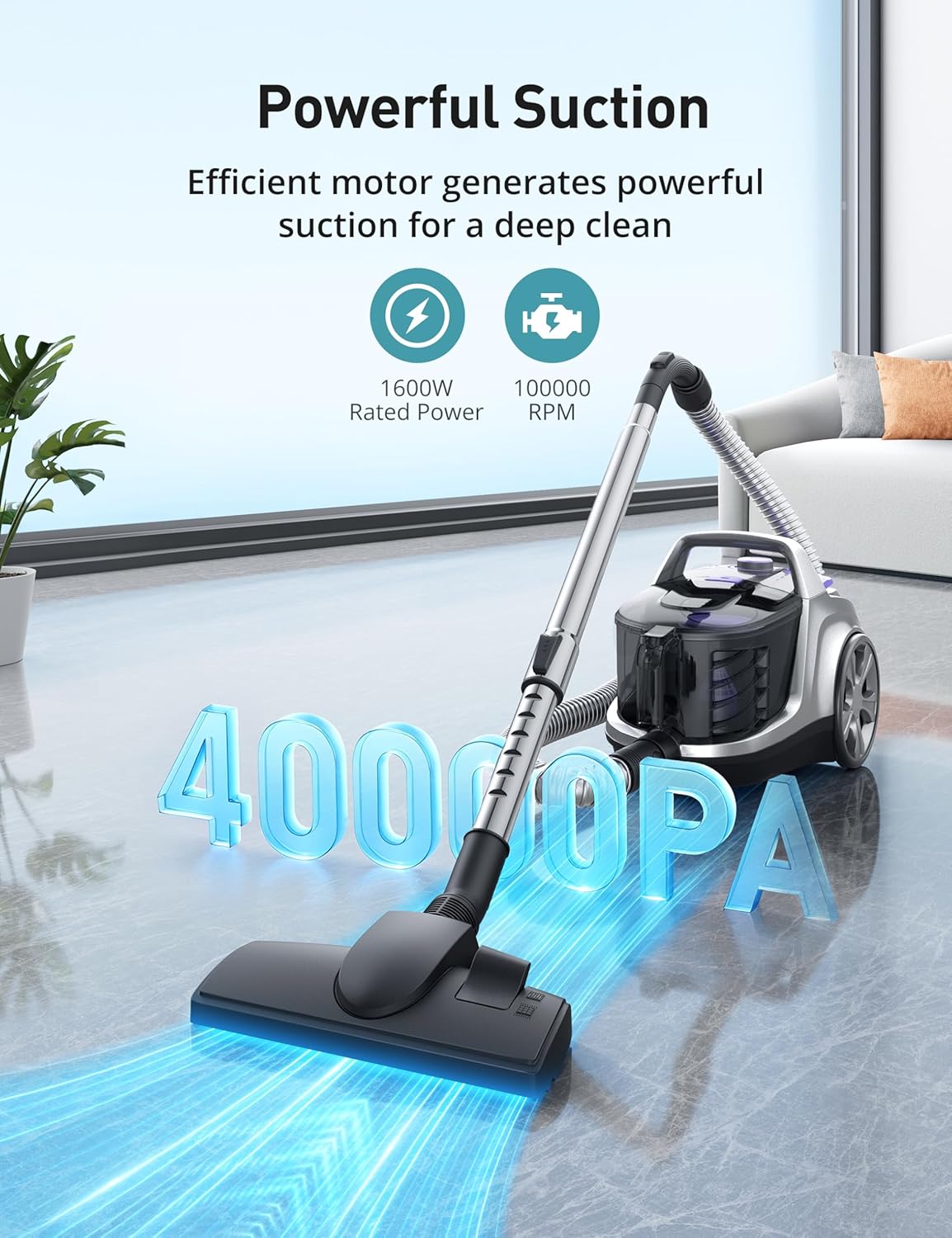 Aspiron Canister Vacuum Cleaner, 40Kpa Bagless Vacuum Cleaners, 4QT Large Dust Cup, Double HEPA Filter, Retractable Cord, 1600W Lightweight Vacuum Cleaner with 5 Tools for Hard Floors, Pearl