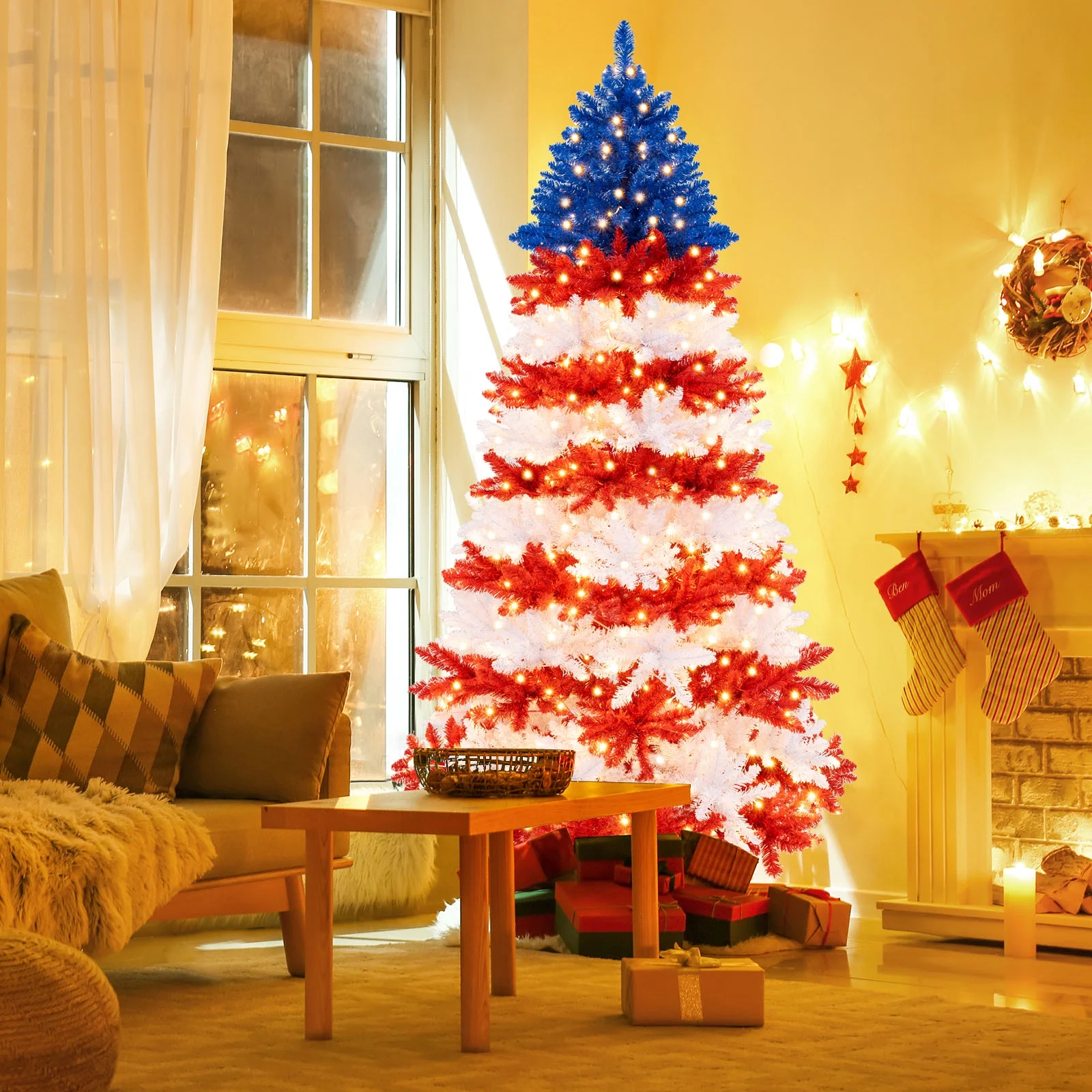 7.5 FT Patriotic Pre-Lit Artificial Christmas Tree with 1341 Branch Tips 480 Lights - Image 4