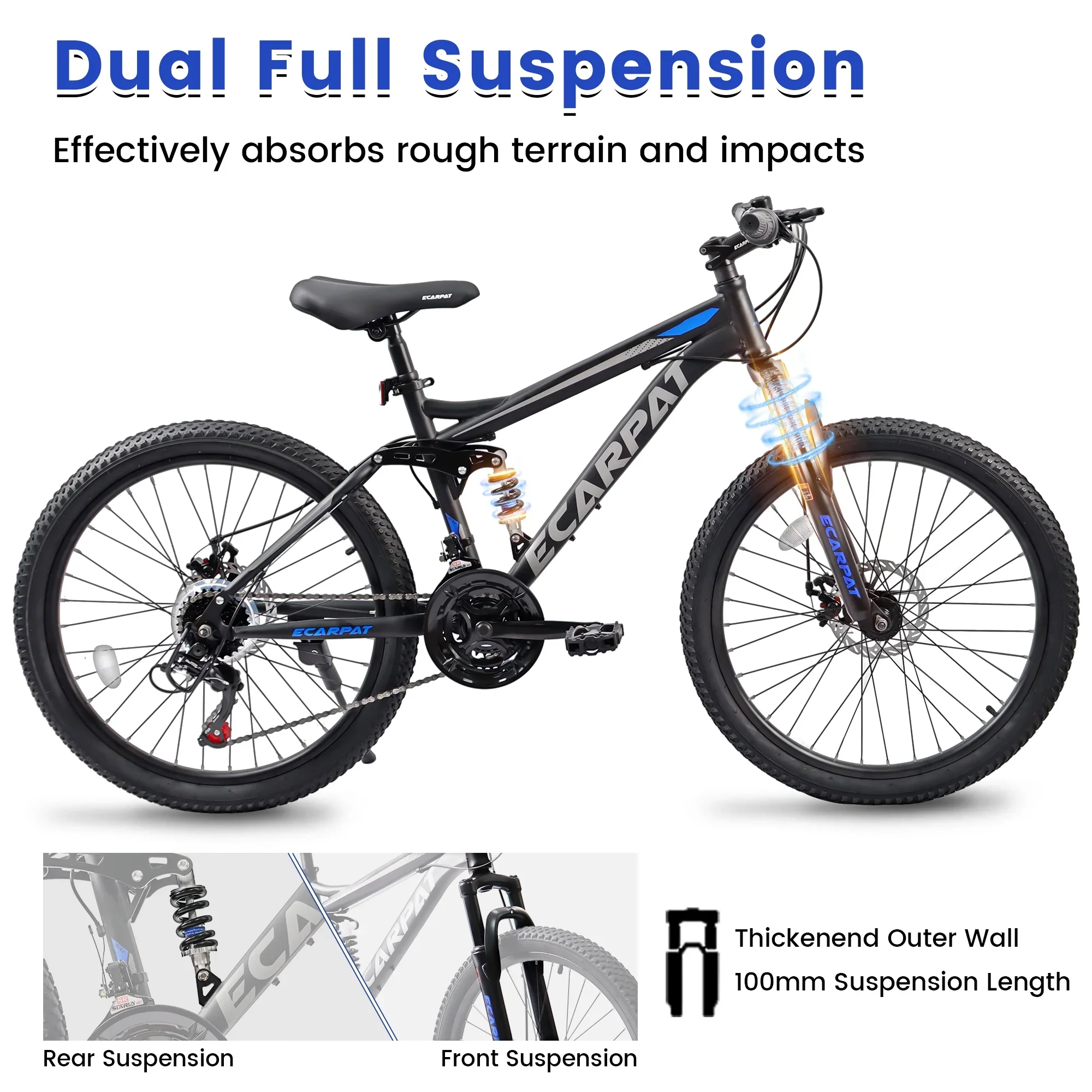 27.5 Inch Mountain Bike , Dual Full Suspension 21-Speed Disc Brakes Thumb Shifter,Carbon Steel Frame Mountain Bike, Mens Womens Trail Commuter City Bicycles