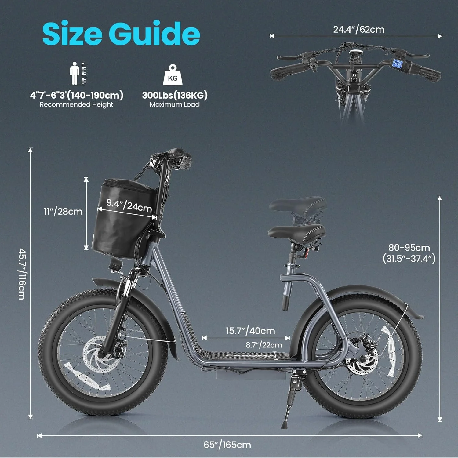 Trottinette électrique pliable Caroma Peak 800W pour adultes, avec pneus de 20 pouces de large, batterie 48V, panier et siège réglable.