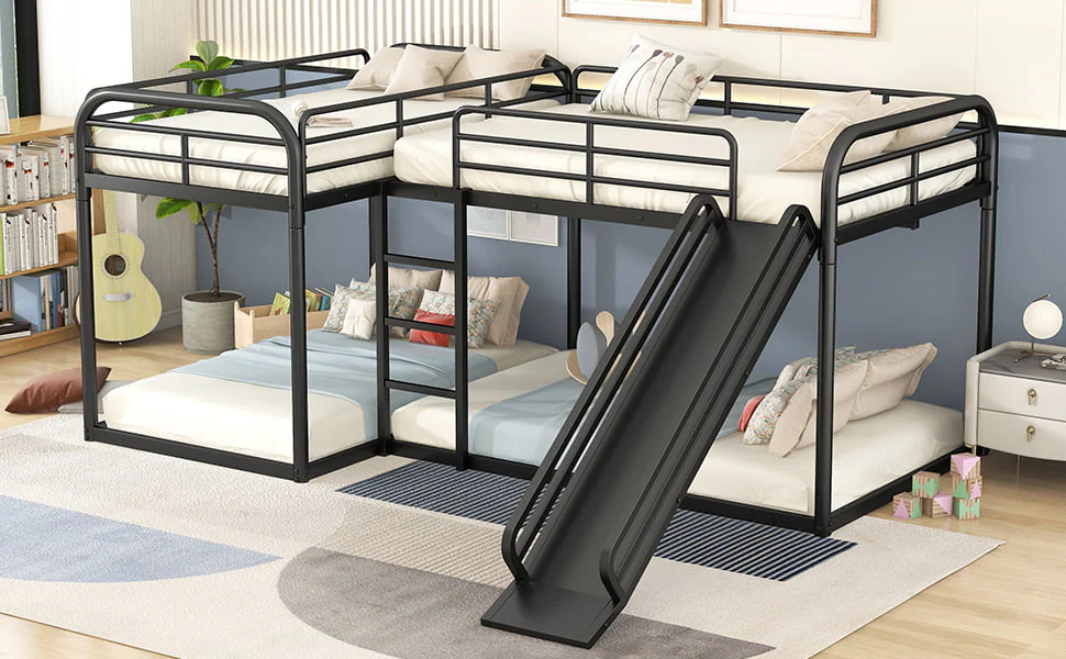 Full and Twin Size L Shaped Quadruple Metal Bunk Bed with Slide for Kids, Black Image 4