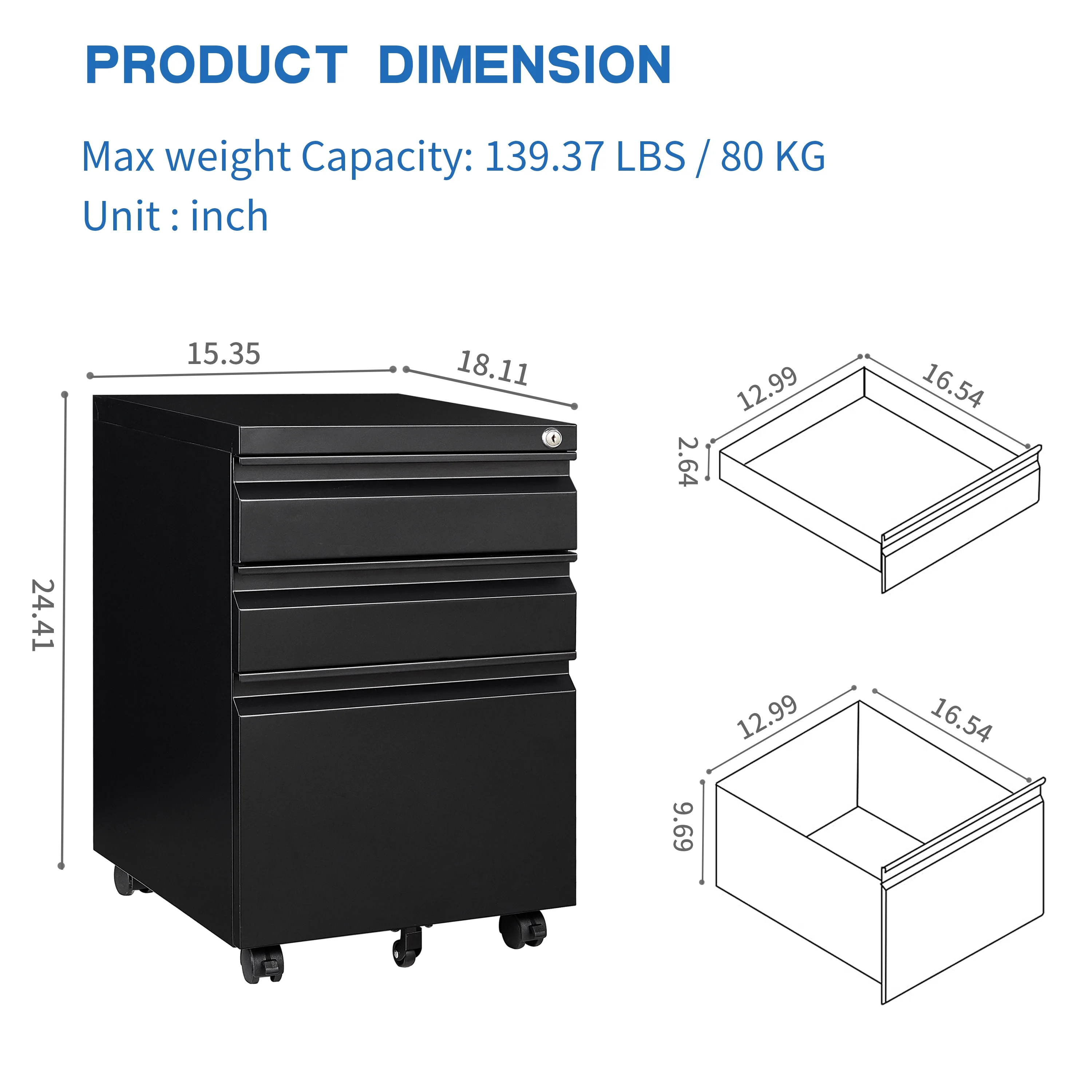 3-Drawer Mobile File Cabinets Rolling Metal Filing Cabinet for Legal  Letter File Anti-tilt Design with Lock Under Desk Office,Black(Black)