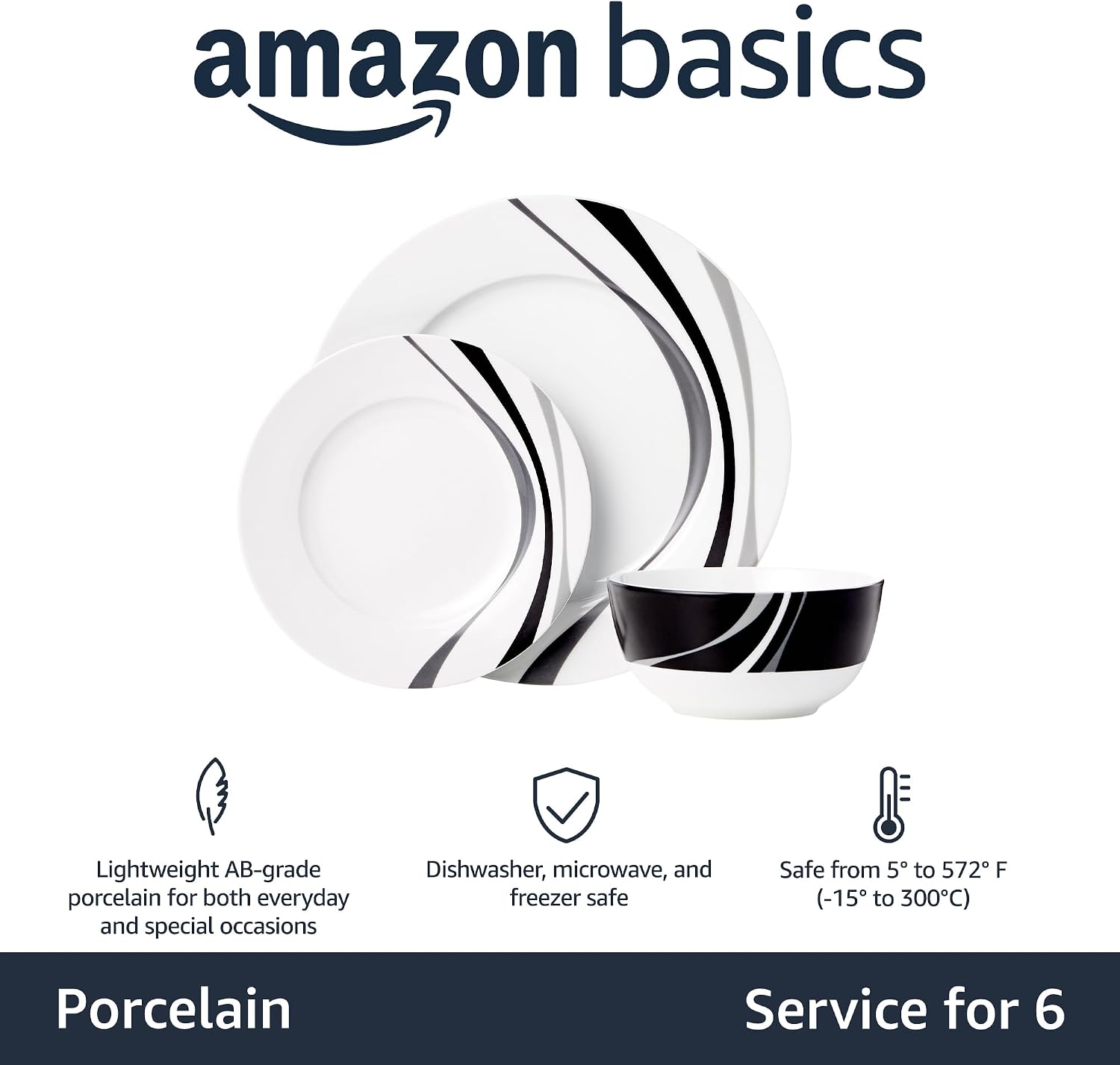 Amazon Basics 18-Piece Complete Kitchen Dinnerware Set, Microwave and Dishwasher Safe, Plates, Dishes, Bowls, Swirl Design, Heat Resistant, Service for 6, Everyday Use