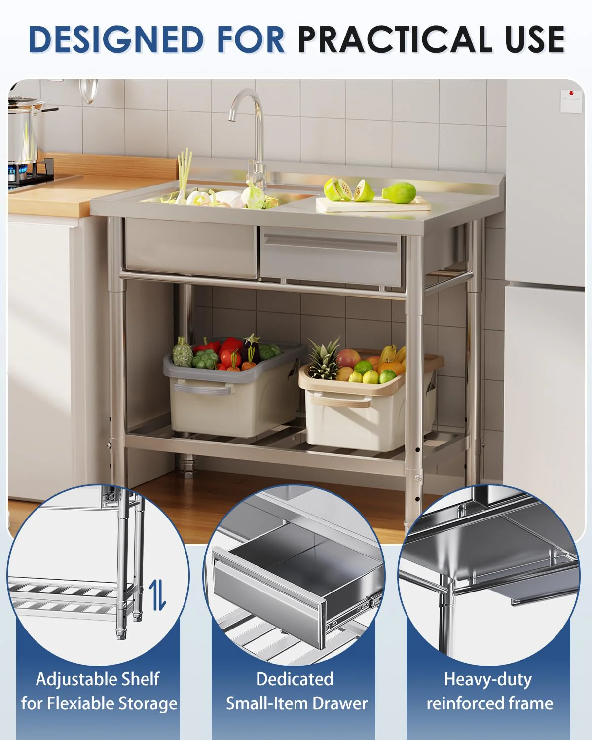 AECOJOY Stainless Steel Utility Sink, Free Standing Single Bowl Commercial Kitchen Sinks with Faucet