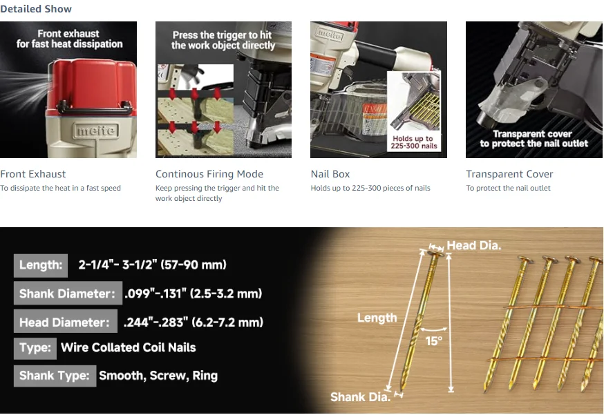 MEITE CN90  Industrial Coil Siding Nailer 15 Degree 2-1/4 to 3-1/2 Pneumatic Coil Nail Gun with Aluminum Housing