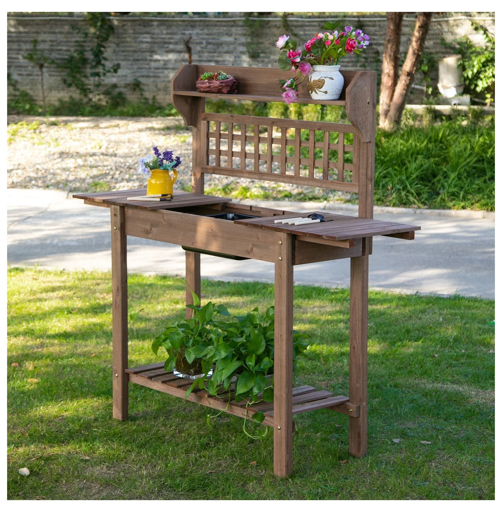 Wooden Potting Station with Storage & Sliding Tabletop - Garden Work Bench for Outdoor Planting - Durable Fir Wood - 39.25 x 17.75 x 55
