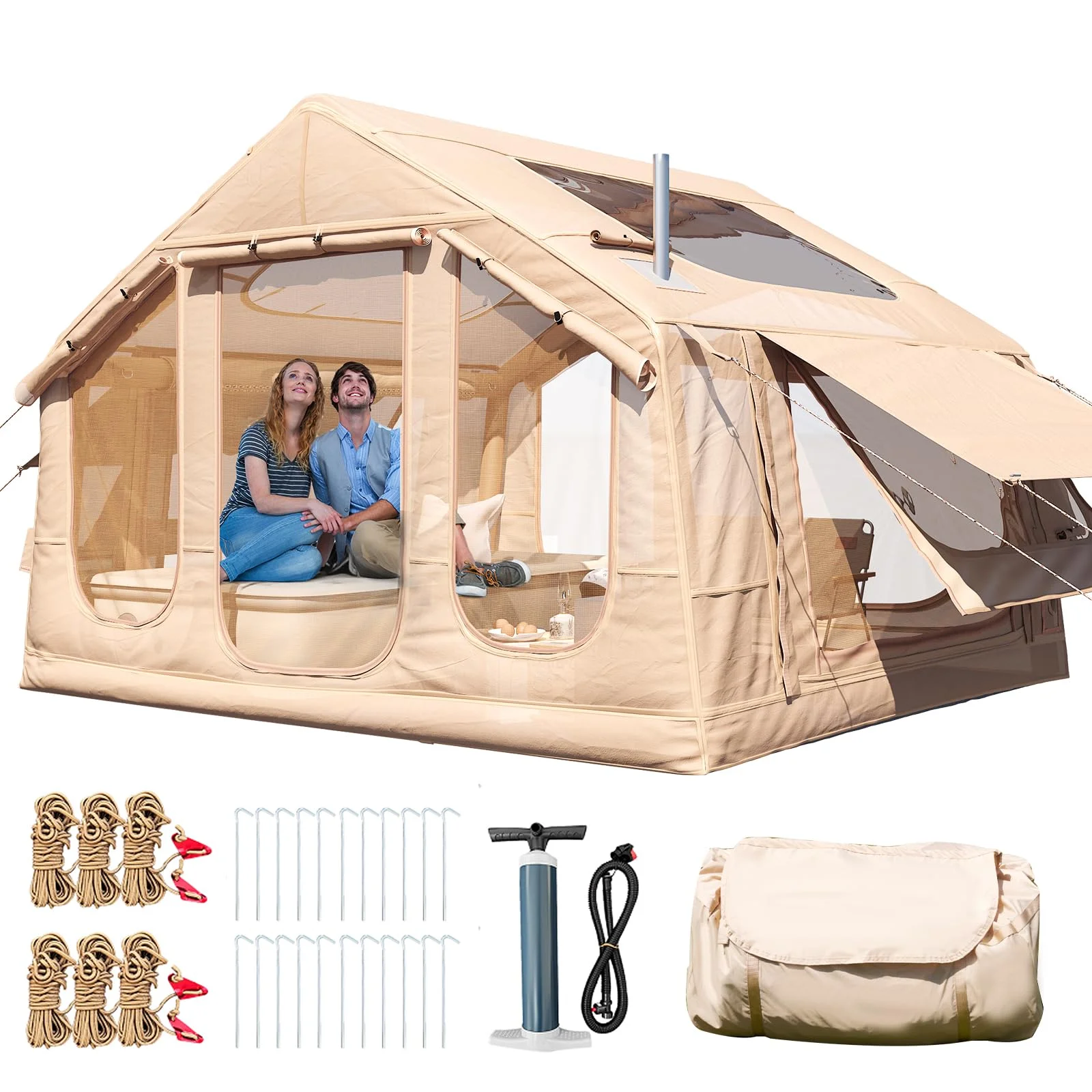 12'x8' Inflatable Tent, 96 SFT Blow Up Tent for Camping, 4 Season Oxford Glamping Tents with Clear Skylight, Pump Stove Jack(300D Oxford-Beige + Skylight) - Image 6