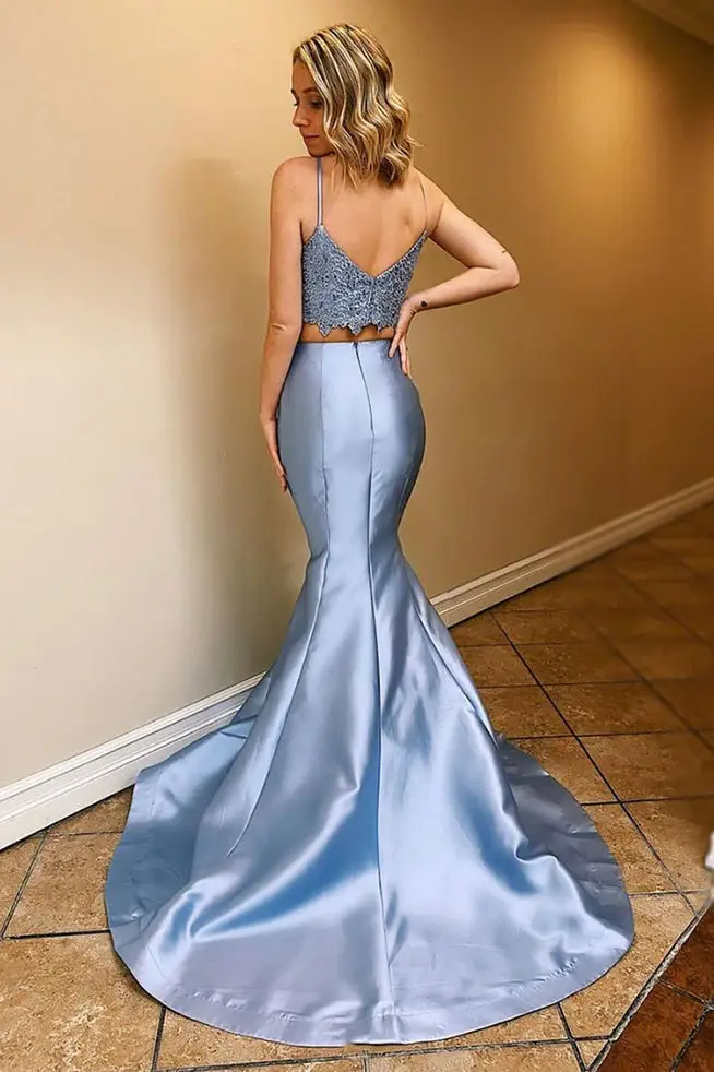 Blue Lace Top Mermaid Satin Two Pieces Prom Dresses Evening Party Dress DMP082