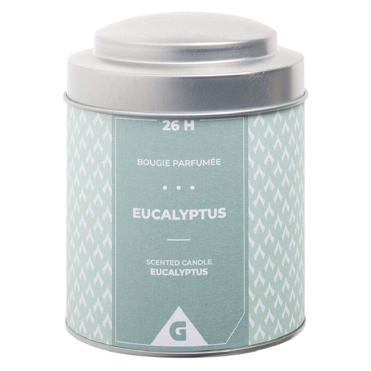 Bougie parfumée dans pot métal gris et vert senteur eucalyptus 26H
