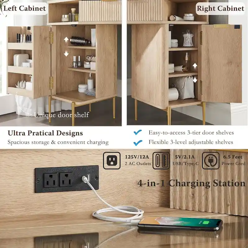 Contemporary Fluted Makeup Vanity Table with 3-Way Mirror and Integrated Lighting