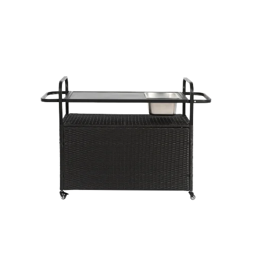 Outdoor Rolling Wicker Bar Cart, Large Portable Outdoor Wicker Bar Table with Cabinet Storage and Glass Countertop, Patio Wicker Serving Bar Cart for Pool, Party, Backyard, Black(Black) - Image 10