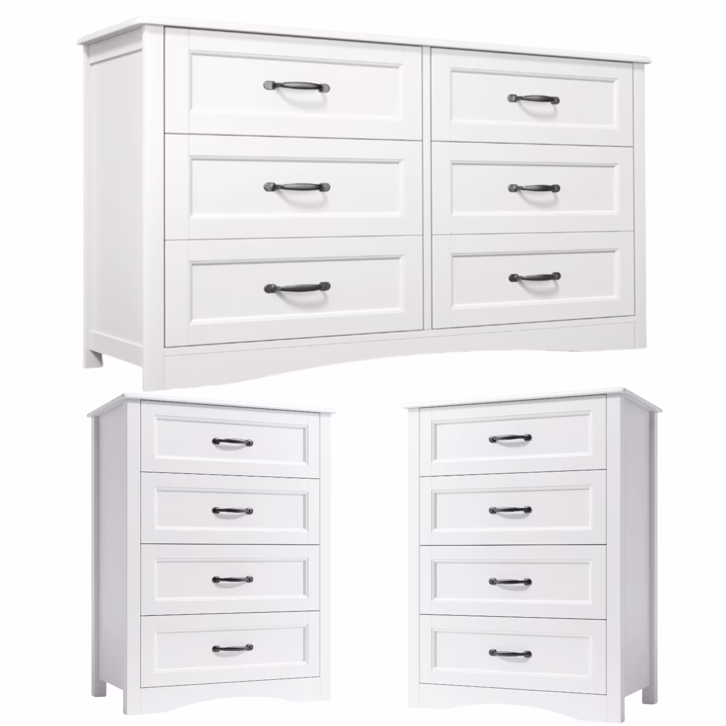 3 Piece Nightstands and Dressers Sets, 6 Drawer Dresser 4 Drawers Nightstand set of 2,Modern Engineered Wood,White(White)