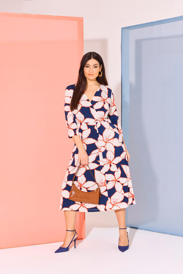 Flower Print 3/4 Sleeve Wrap Look Midi Dress