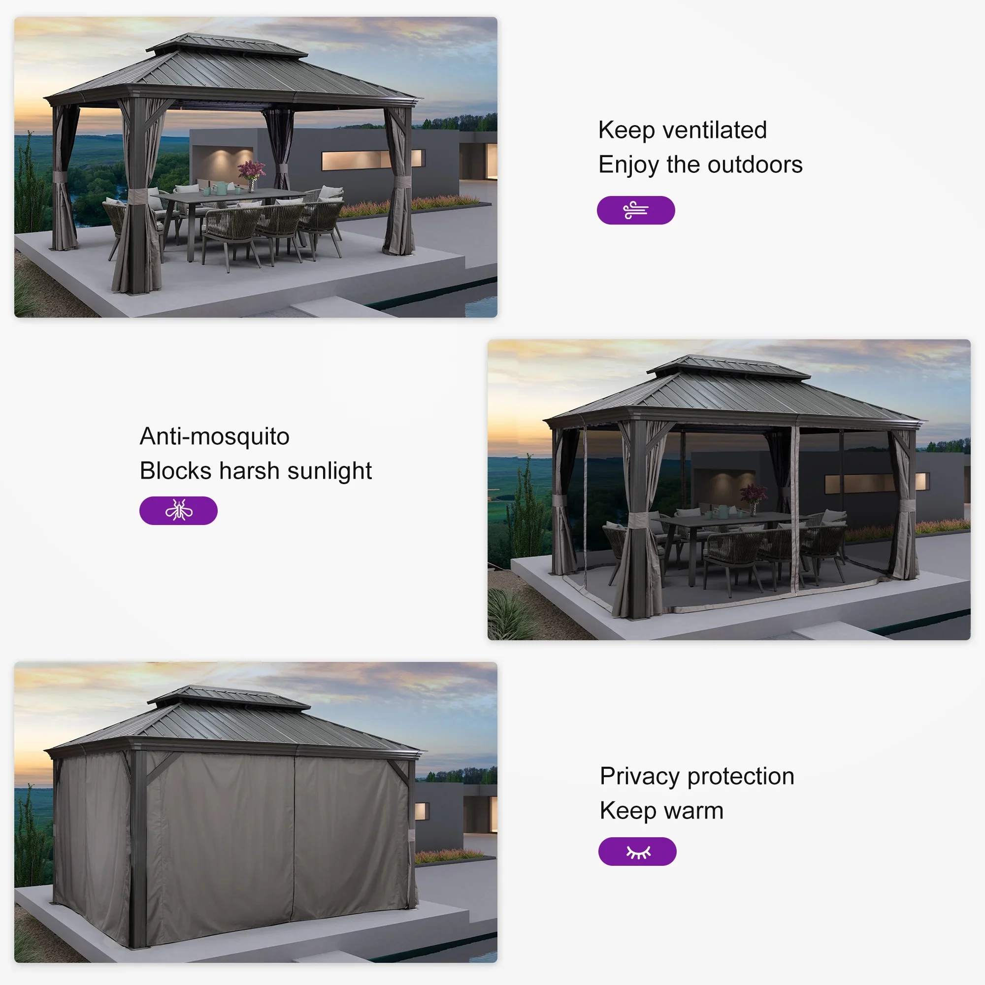 PURPLE LEAF 10' X 14' Permanent Hardtop Gazebo Aluminum Gazebo with Galvanized Steel Double Roof for Patio Lawn and Garden, Curtains and Netting Included, Gray
