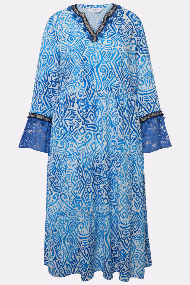 3/4-Sleeve A-Line All-Over Print Tunic Neckline Maxi Dress