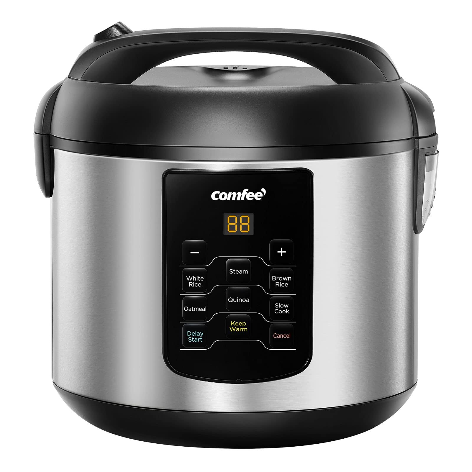 Comfee' Rice Cooker, 6-in-1 Stainless Steel Multi Cooker, Slow Cooker, Steamer, Saute, and Warmer, 2 qt, 8 Cups Cooked, Brown Rice, Quinoa and Oatmeal