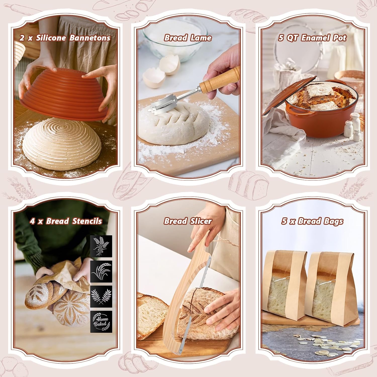 EWFEN Sourdough Starter Kit with Enamel Cast Iron Pot, Complete Sourdough Bread Baking Supplies, Round & Oval Bread Proofing Basket with 34 Oz Starter Jar, Bread Making Tools Kit