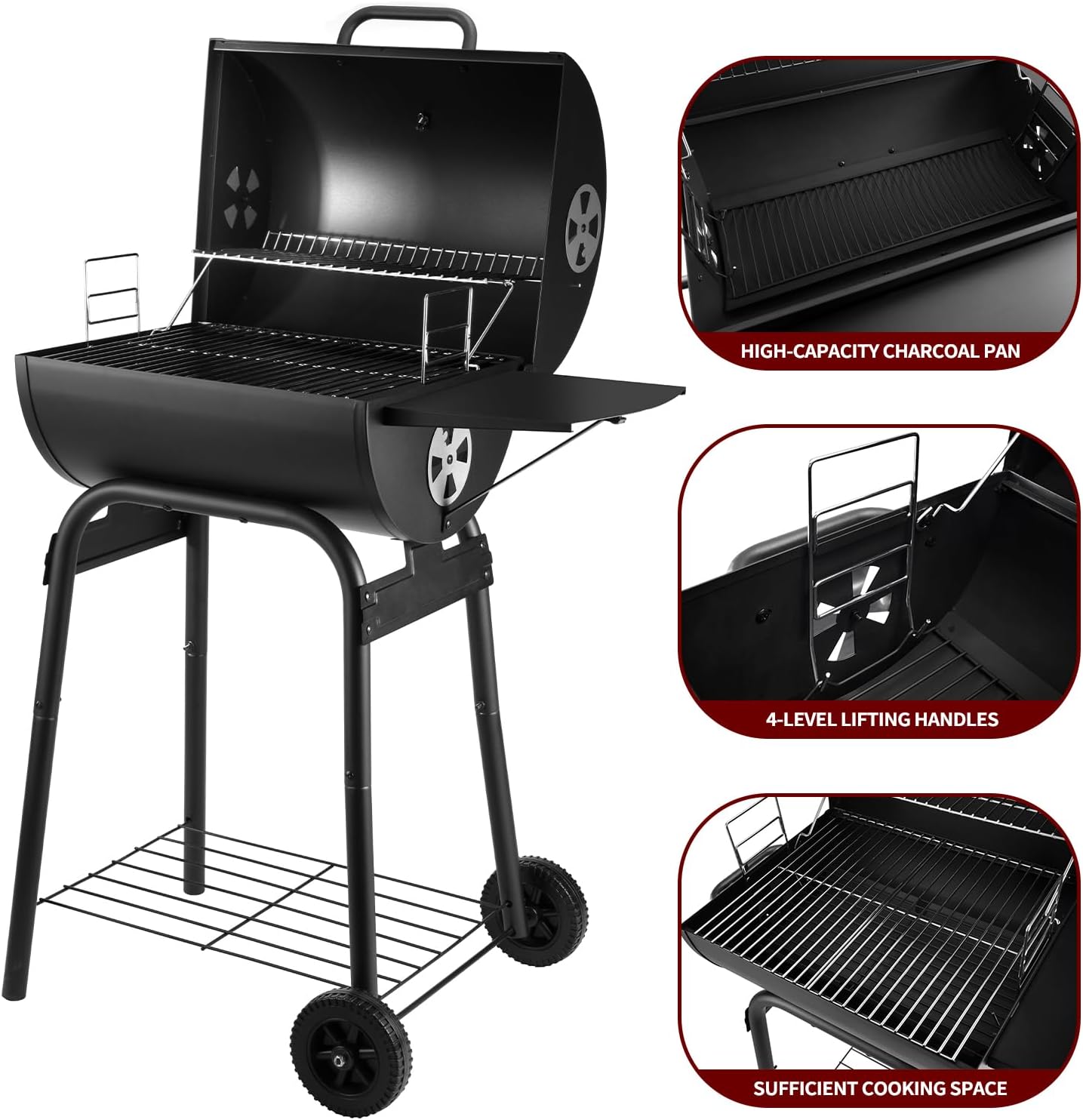 Charcoal Grill with Side Table, Barrel BBQ Grill with 500 Square Inches Cooking Area