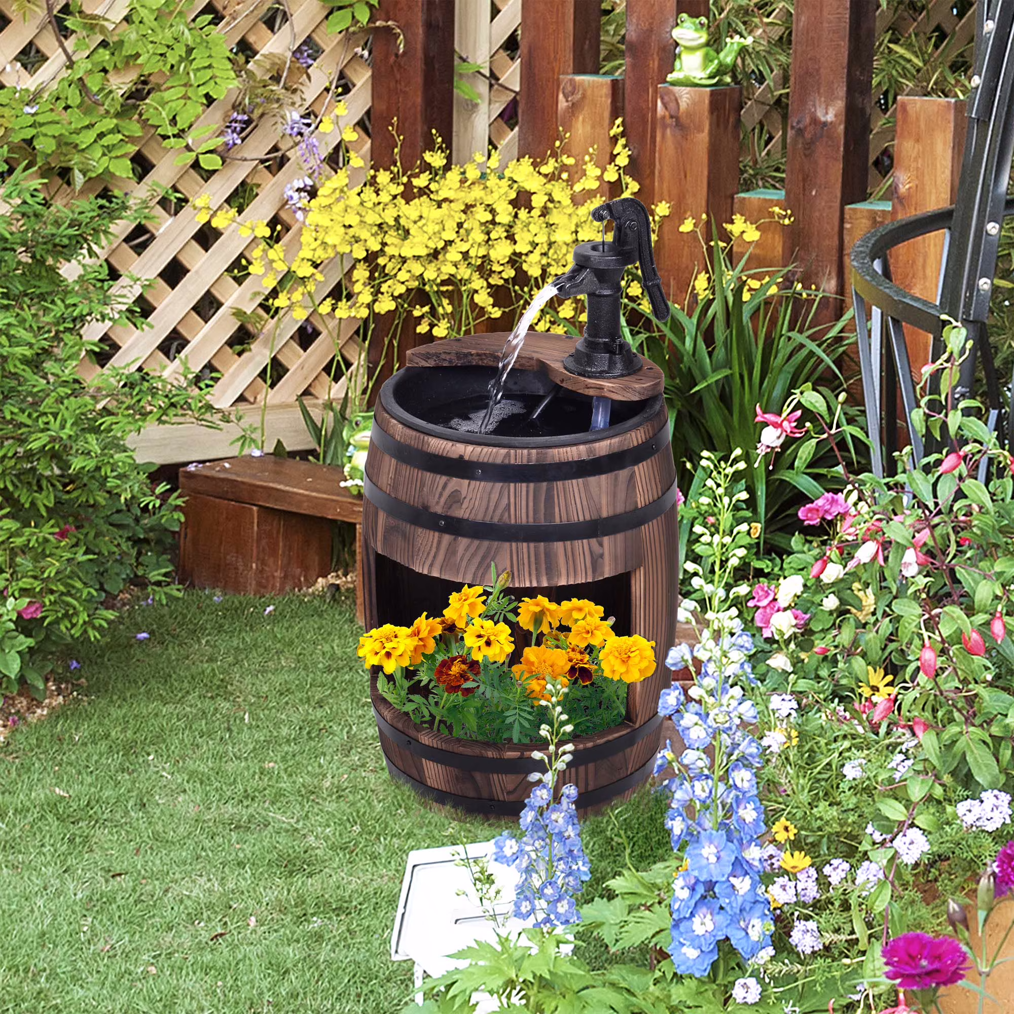 Outsunny 23 H Outdoor Water Fountain Wood and Metal Rustic Apple Barrel Pump Garden Decor for Outside Backyard