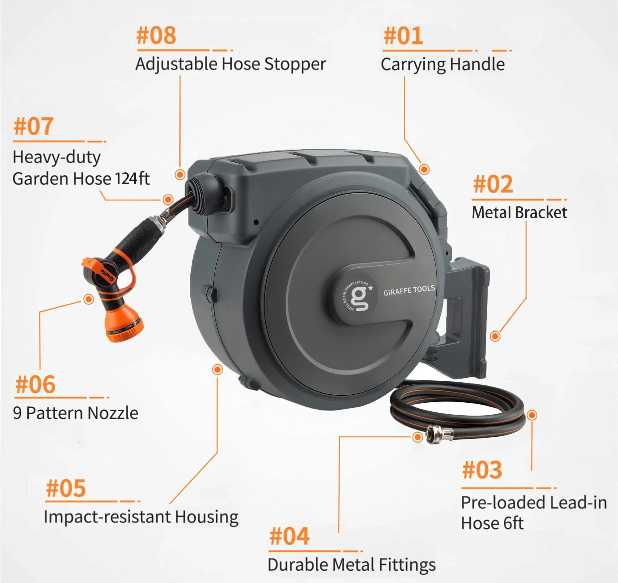 Giraffe Tools Retractable Garden Hose Reel with 1/2in-78ft Hose, Metal Bracket, Wall Mounted, Dark Grey