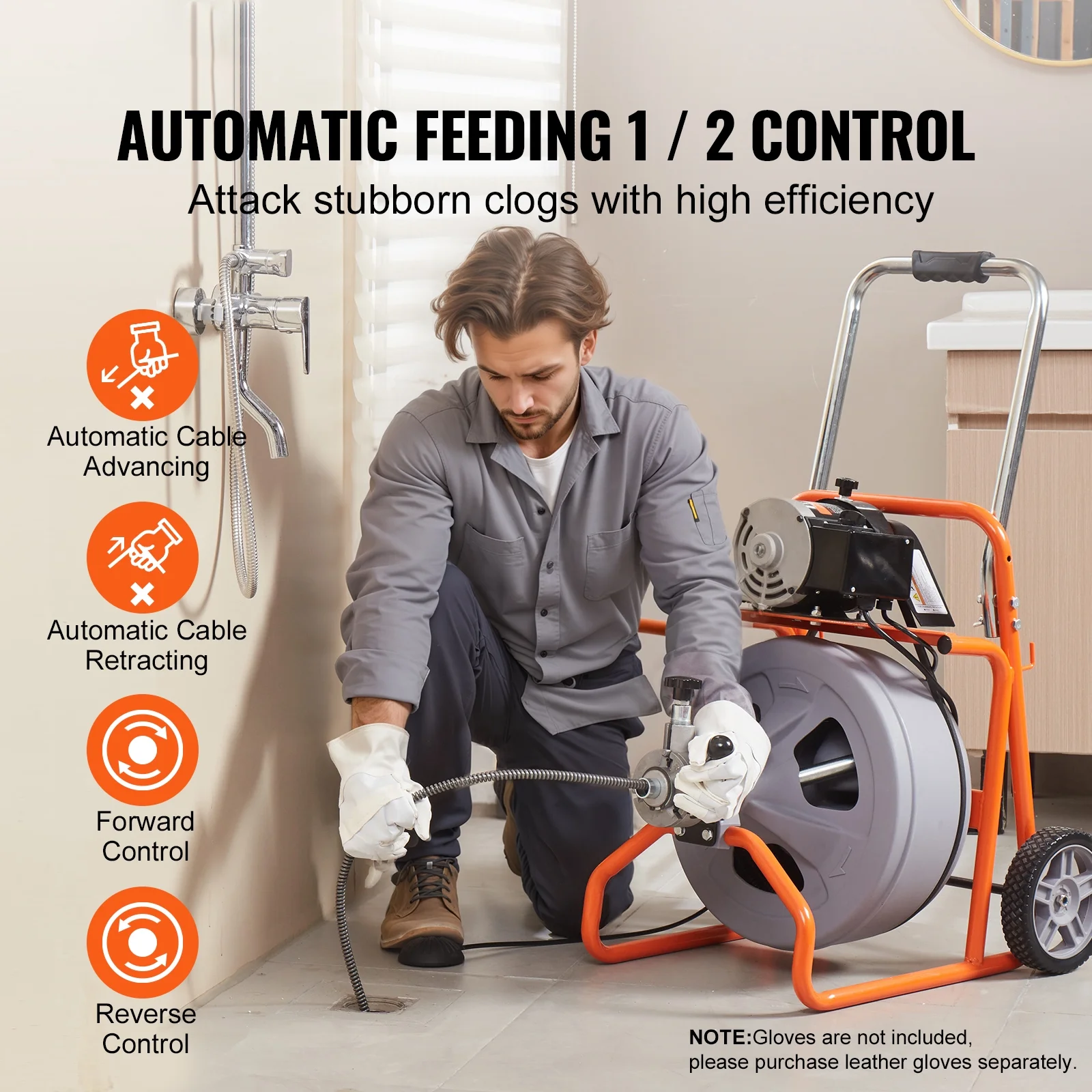 Drain Cleaning Machine, 100FT x 1/2 Inch, Self-feeding, Mobile Drain Auger with 8 Blades Pneumatic Foot Pedal, Ideal for 2"-4" Pipes - Image 6