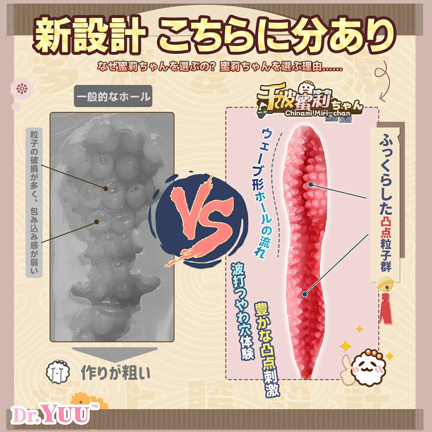 一般的なホールと千波蜜莉の内部構造比較。ウェーブ形ホールとふっくらした凸点粒子群を紹介