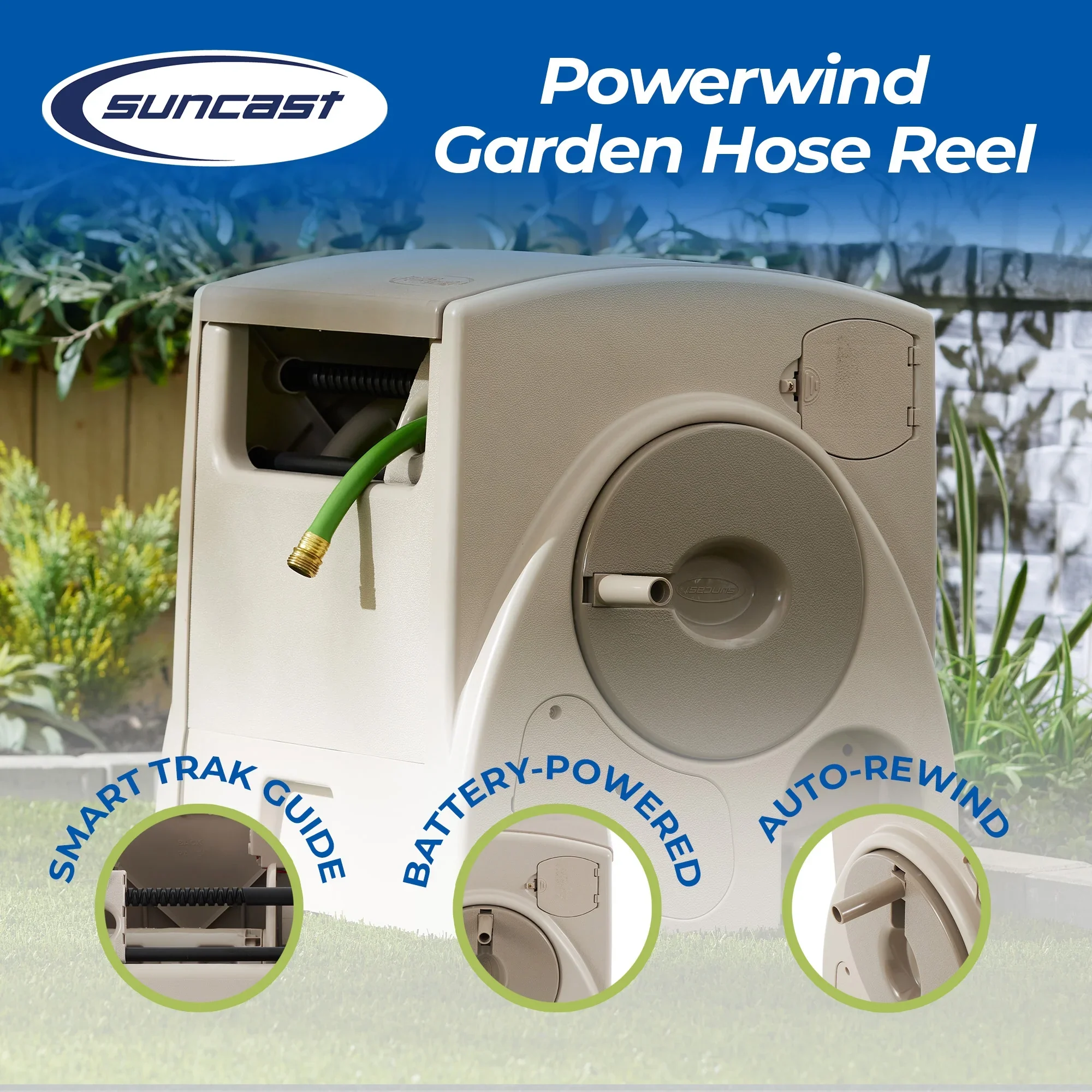 Suncast CPLPW100 Powerwind 100' Automatic Garden Reel for 5/8 Hose, Taupe