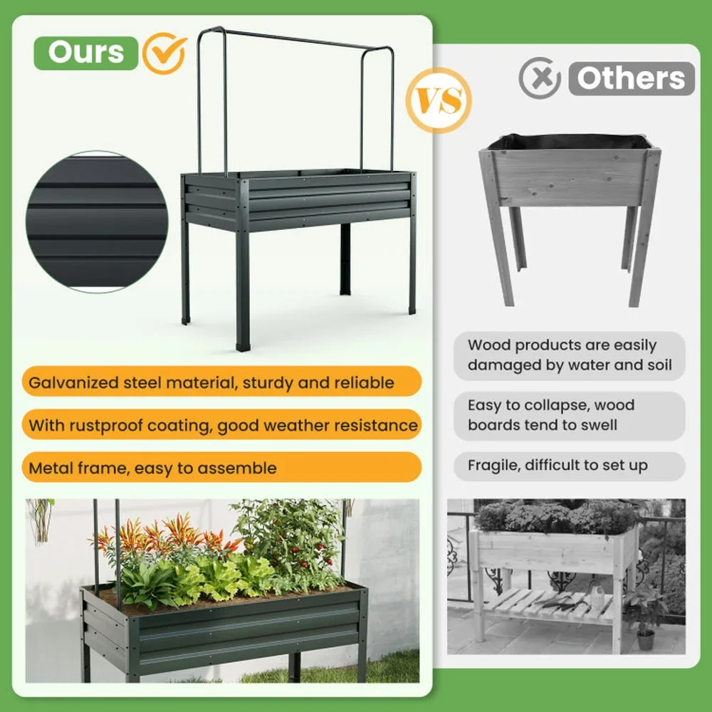 Barara King Raised Garden Bed Planter Box,3-in-1 Raised Garden Bed with Greenhouse Cover and Trellis-Grey