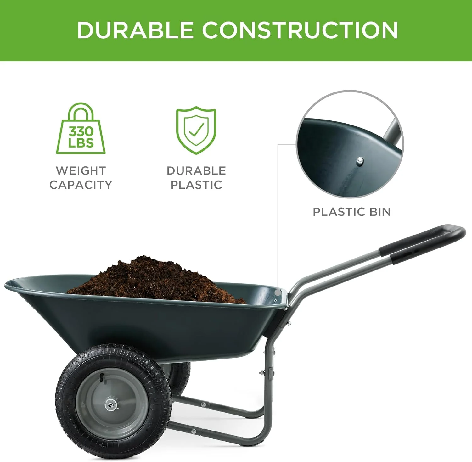 HLL Dual-Wheel Home Utility Yard Wheelbarrow Garden Cart w/Built-in Stand for Lawn, Gardening, Construction Dark Gray(Dark Gray) - Image 3